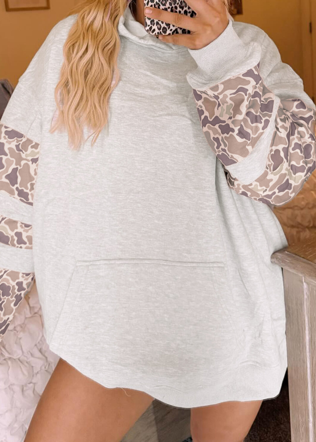 Light Grey Patchwork Camo Long Sleeve Hoodie