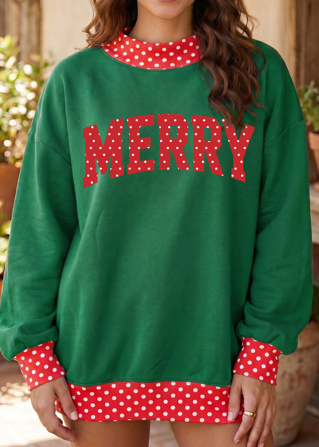 Dark Green Merry Christmas Slogan Polka Dot Contrast Trim Tunic Sweatshirt