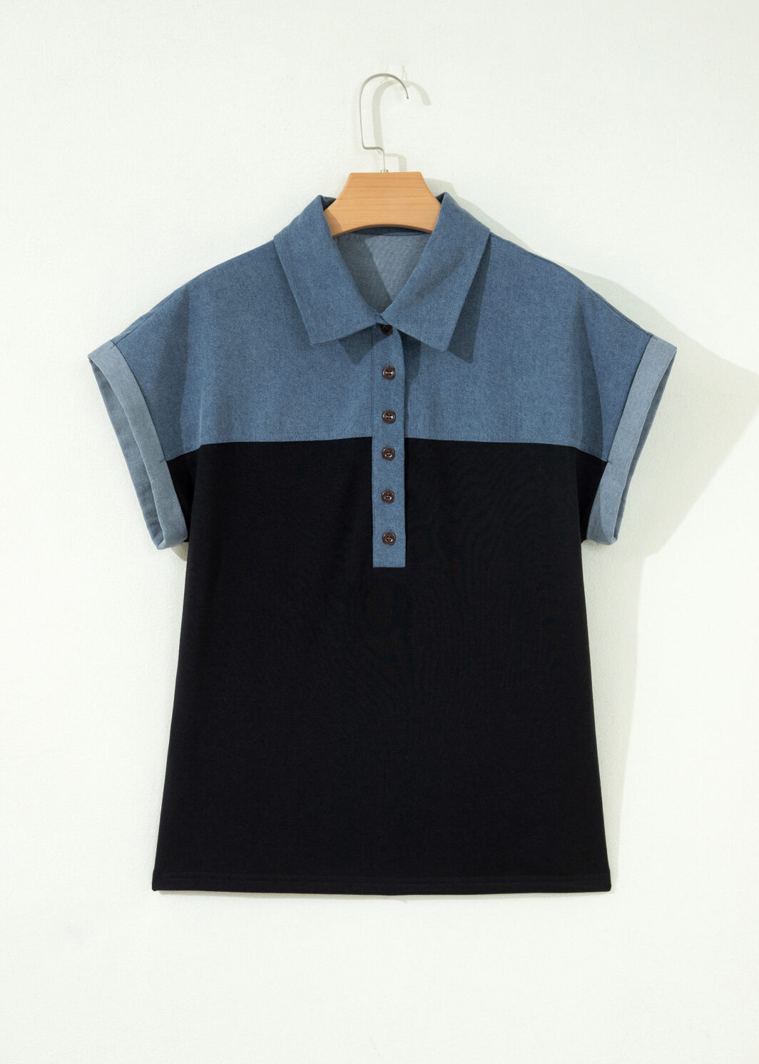 Black Color Block Denim Patchwork Button Polo Collar Short Sleeve Top