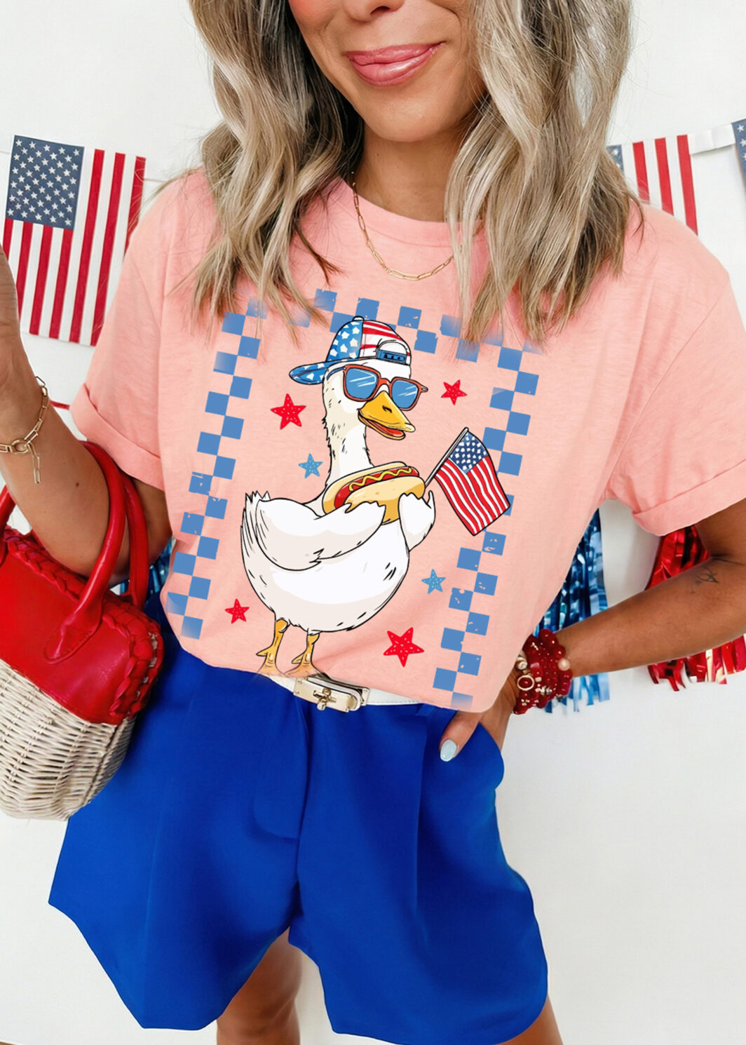 Pink America Goose 4th Of July Patriotic Flag Graphic T Shirt