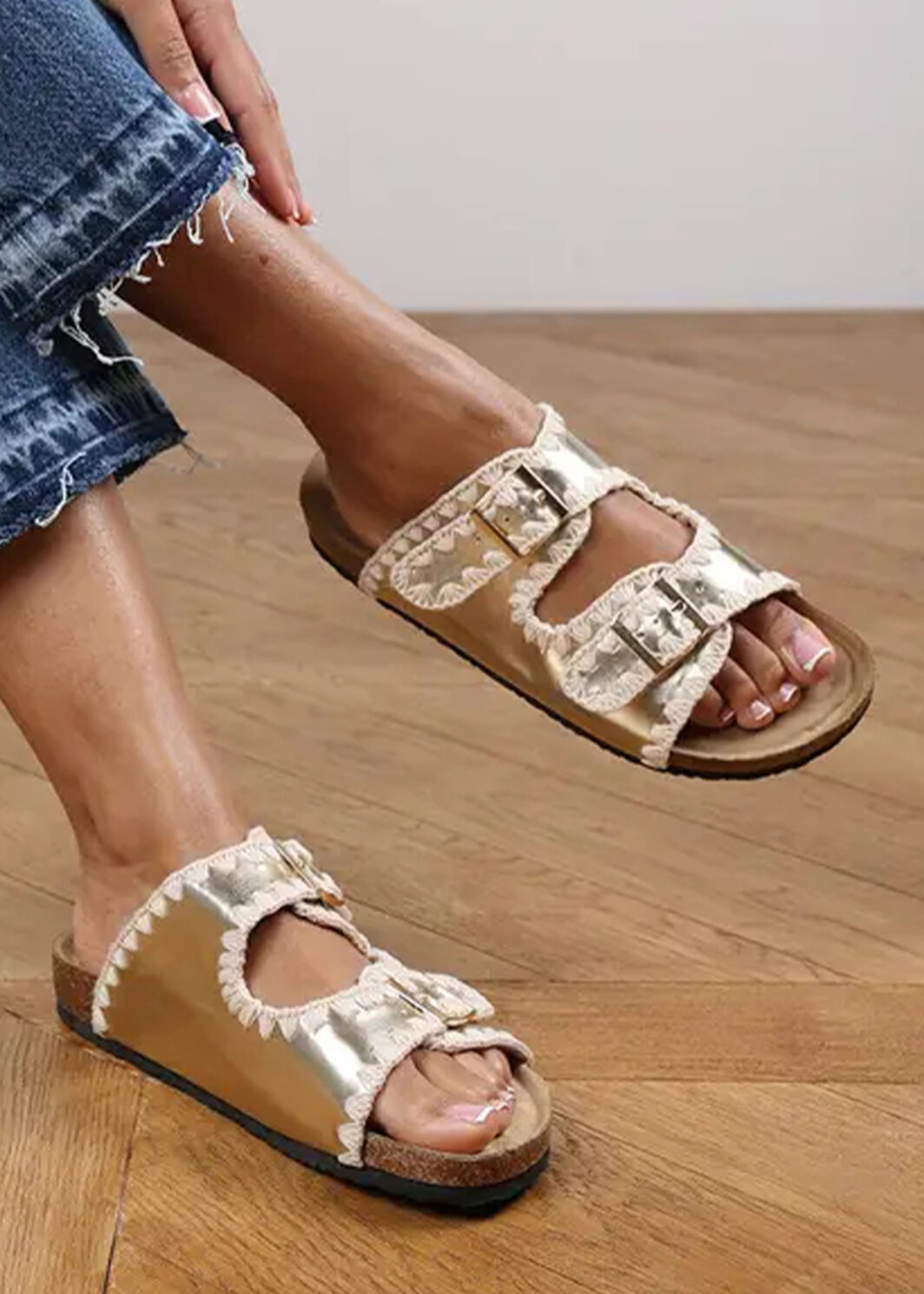 Gold PU Leather Contrast Stitch Flat Sliders