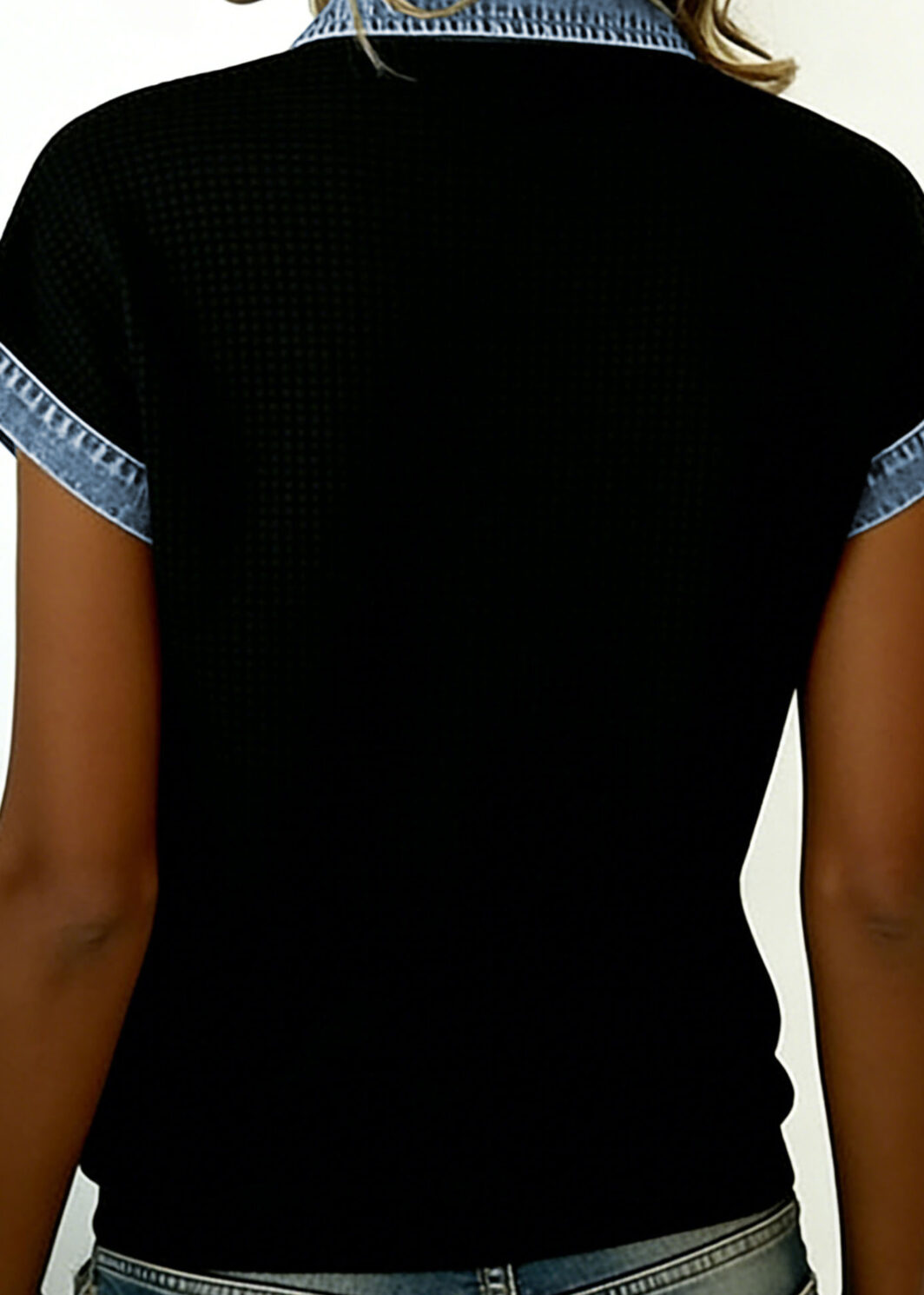 Black Textured Knit Denim Color Block Patchwork Collar Button Down Shirt
