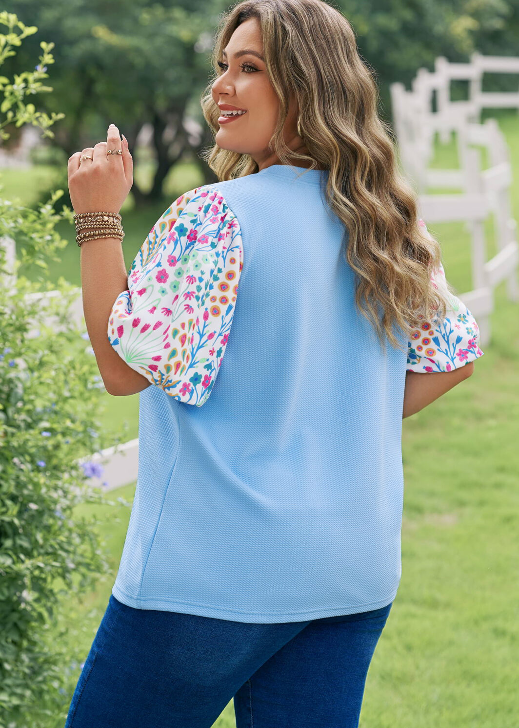 Light Blue Textured Bodice Contrast Floral Sleeve Plus Size Top