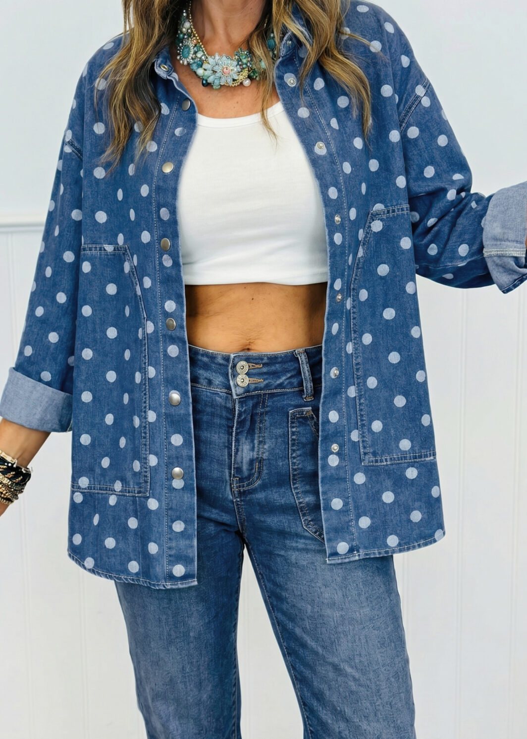 Blue Polka Dot Long Sleeve Collar Shift Tunic Denim Jacket