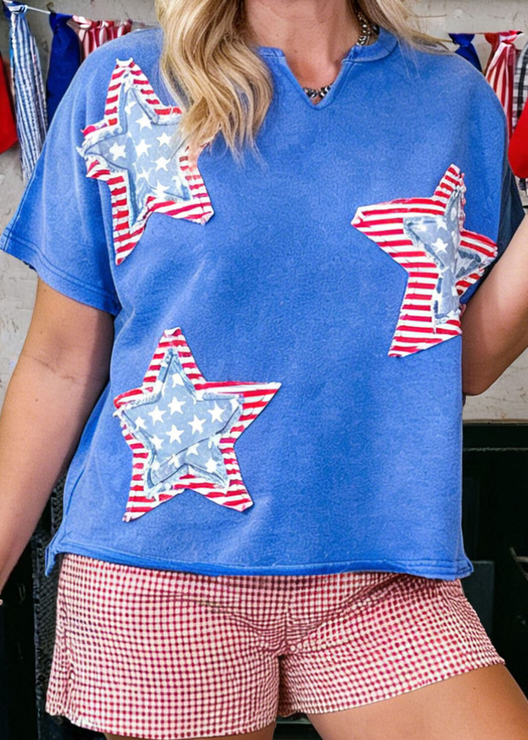 Sky Blue Patriot Star Patched Notched Neck Mineral Washed Tee