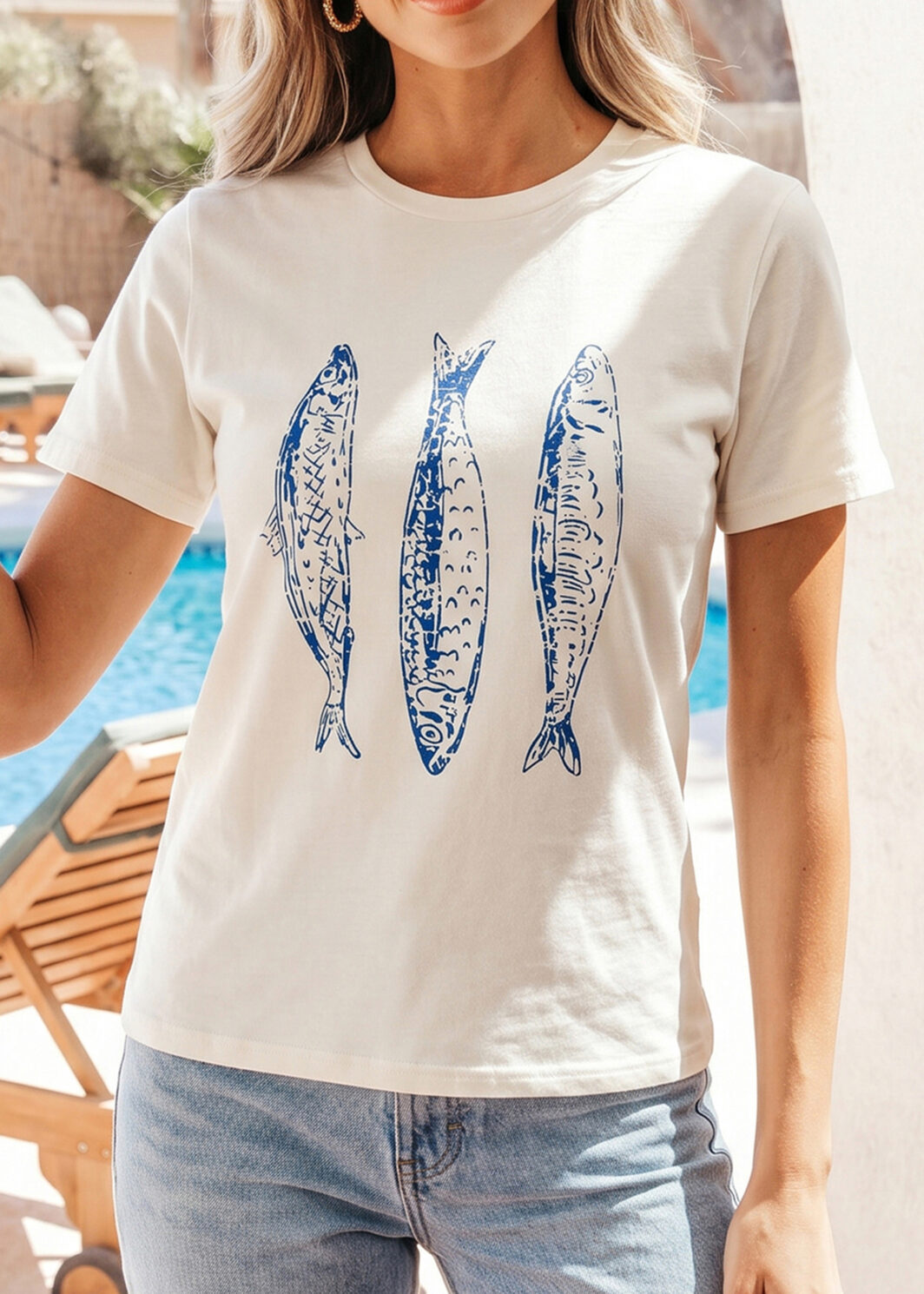 White Fish Print Short Sleeve Round Neck T Shirt