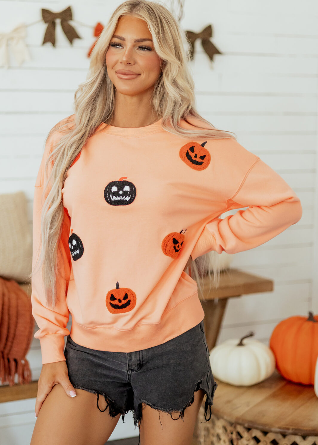 Orange Embroidered Pumpkin Face Drop Shoulder Sweatshirt