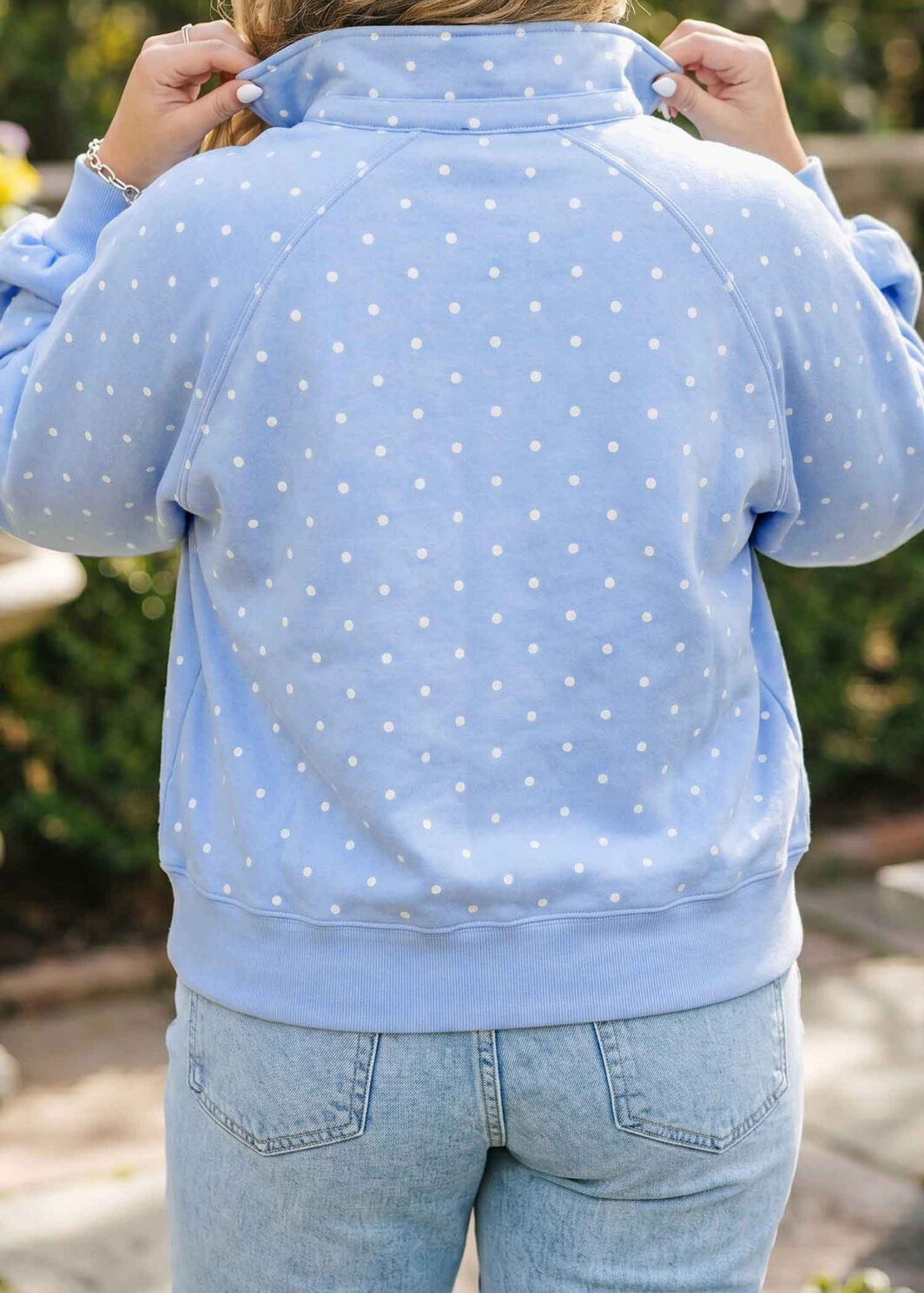 Sky Blue Polka Dot V Neck Metal Button Long Sleeve Shift Plus Size Sweatshirt