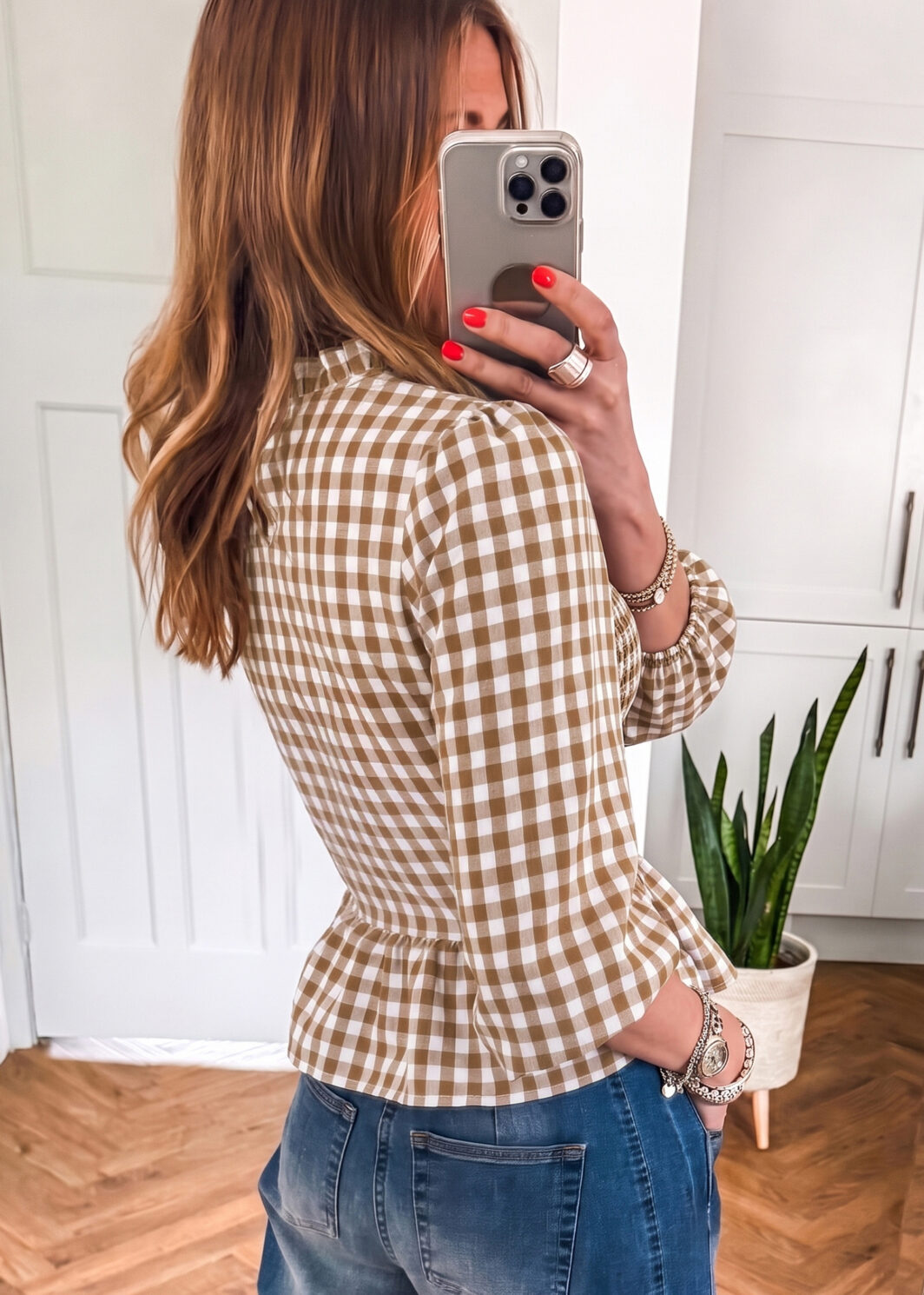 Brown 3/4 Sleeve Shirred Plaid Peplum Top