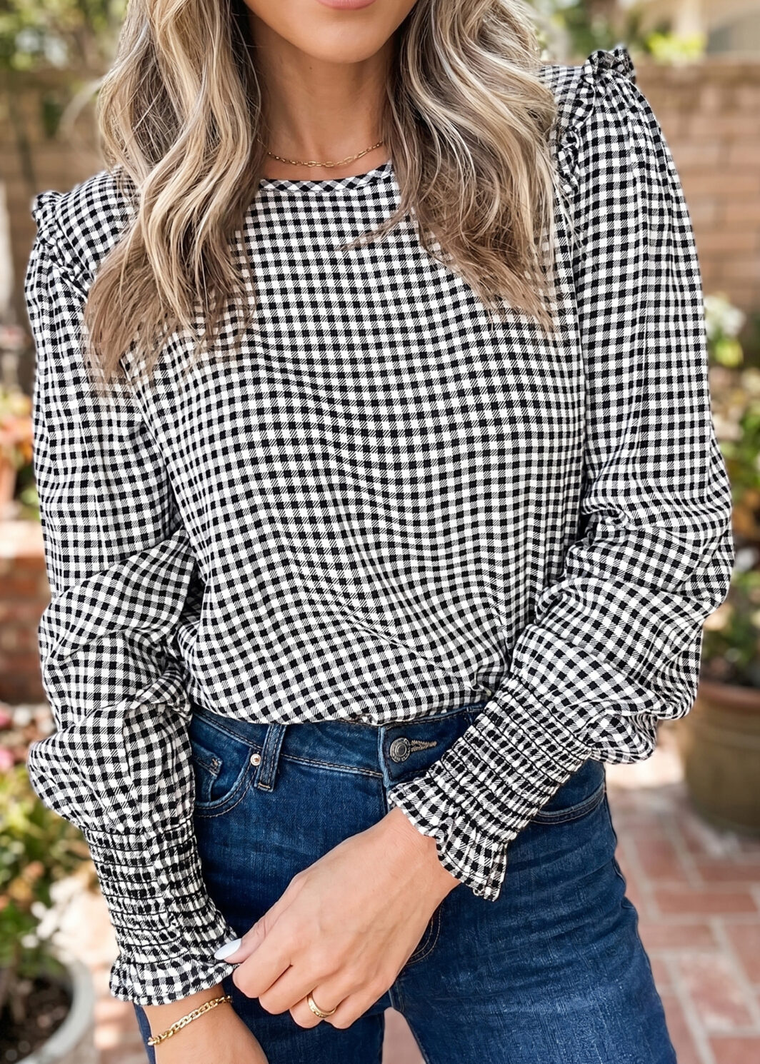 Black Plaid Shirred Cuff Long Sleeve Round Neck Blouse
