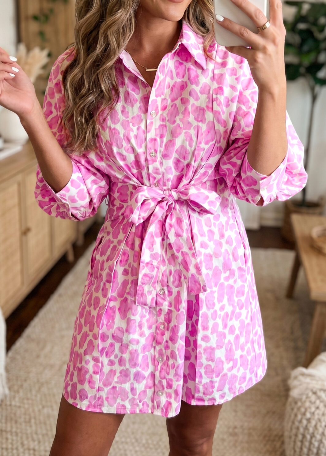 Pink Abstract Leopard Print Tie Waist Puff Sleeve Mini Shirt Dress