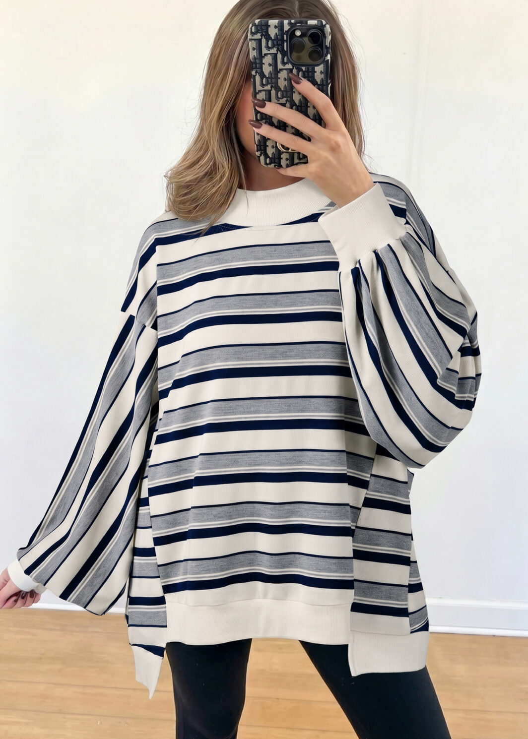 Blue Stripe Striped Ribbed Stand Neck Long Sleeve Shift Silhouette Sweatshirt