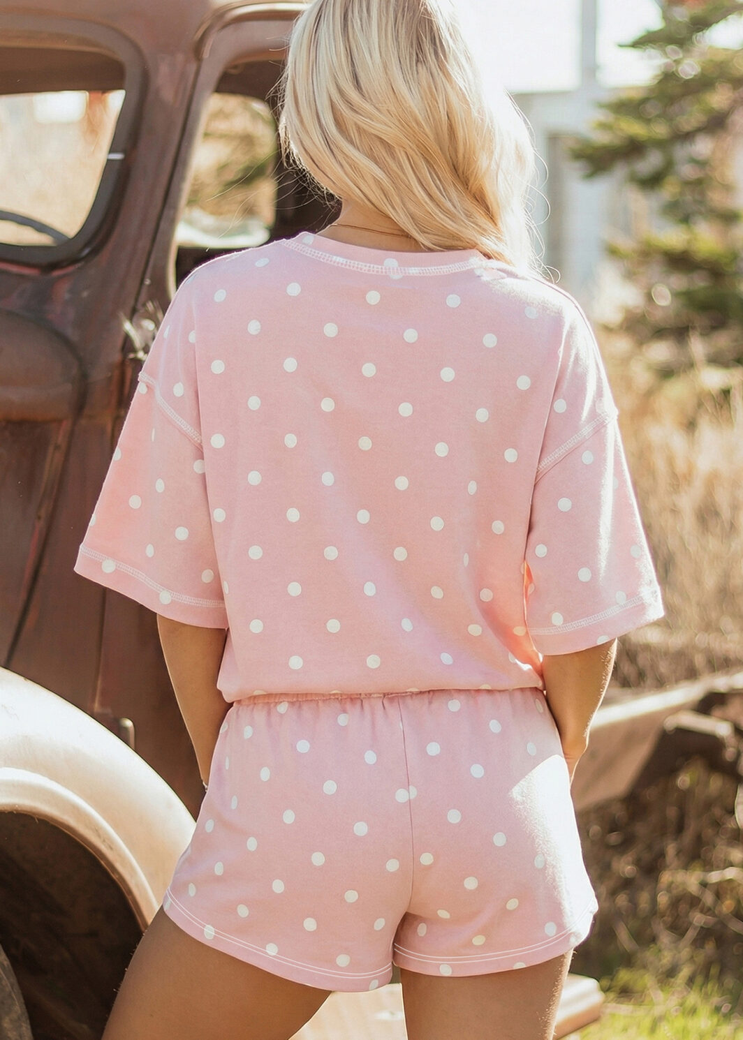 Pink Polka Dot Short Sleeve Loose Top Drawstring Shorts Set