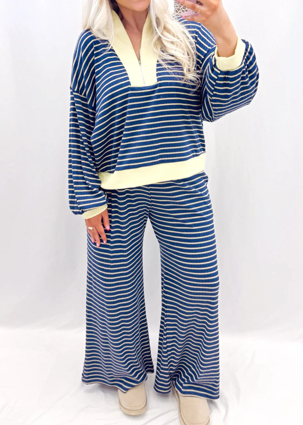 Blue Stripe Color Block Patchwork Zip V Neck Pullover Loose Pants 2pcs Set
