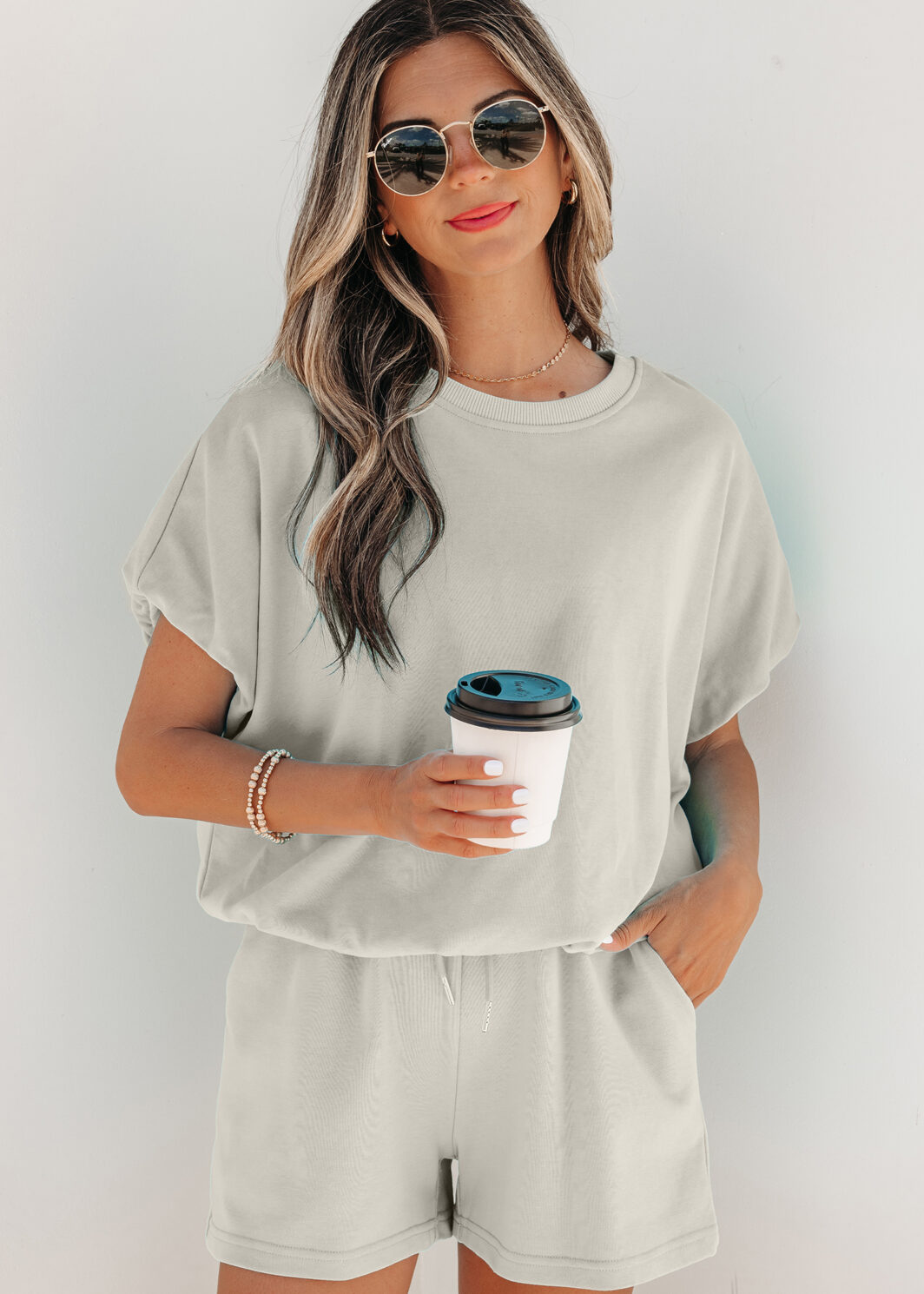 Smoke Gray Solid Color Puffy Loose Top Drawstring Shorts 2pcs Outfit
