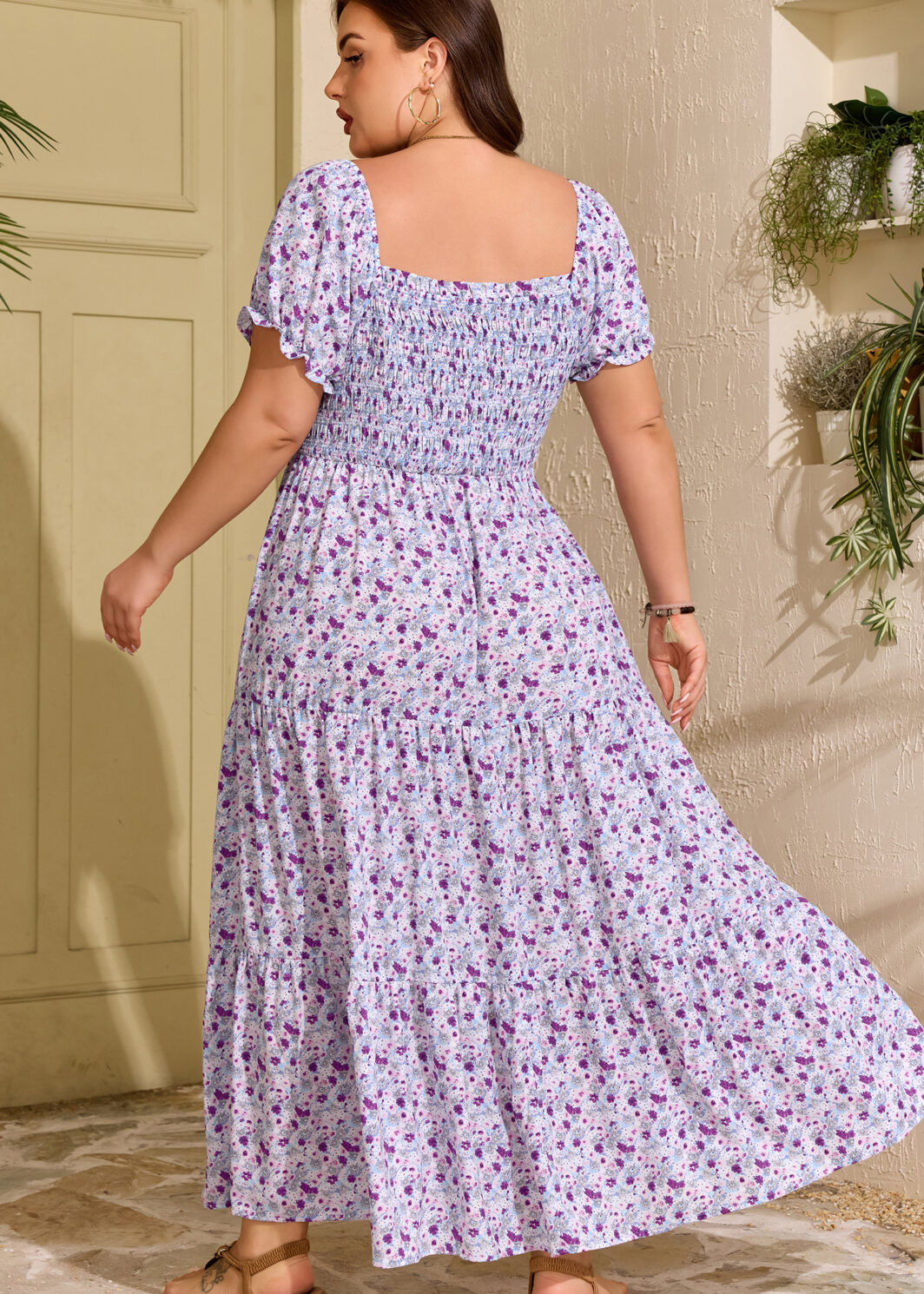 Purple Plus Size Floral Print Square Neck Smocked Maxi Dress
