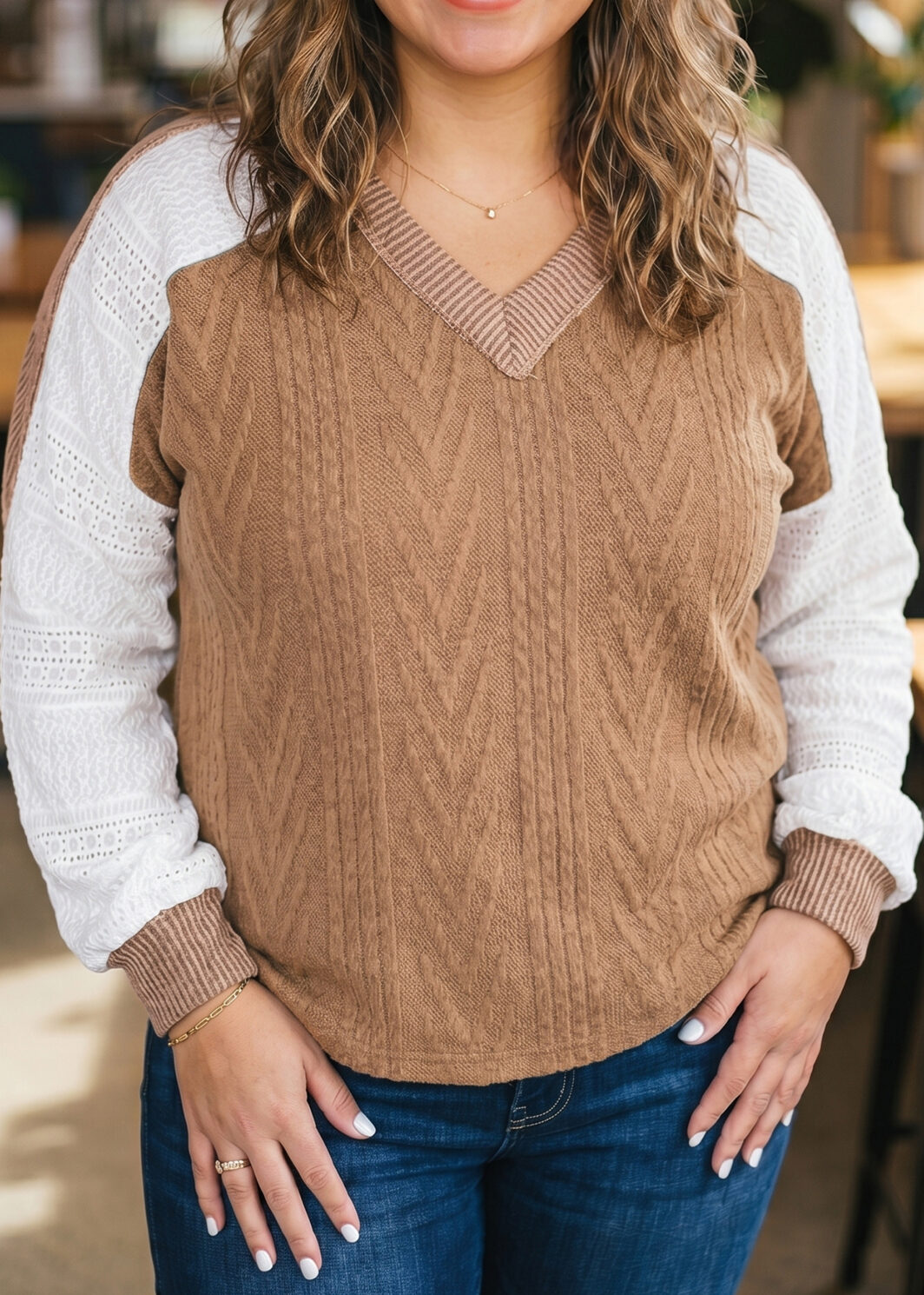 Coffee V Neck Lace Sleeve Patchwork Plus Size Blouse