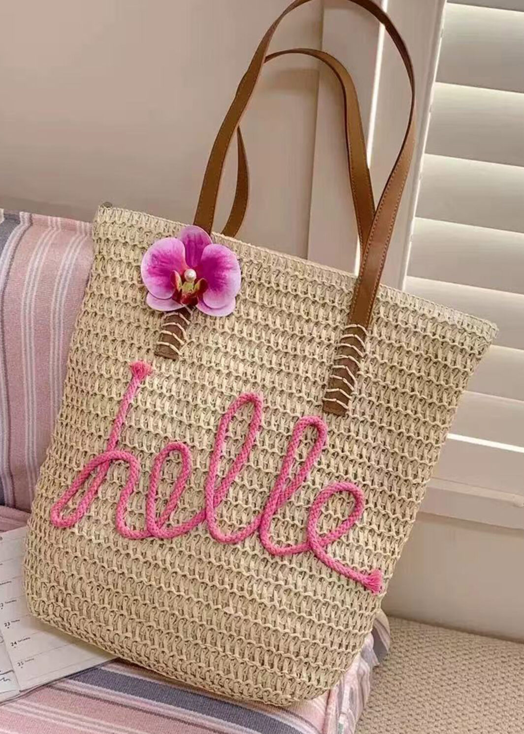Khaki Hello Boho Handwoven Floral Accent Travel Tote Bag