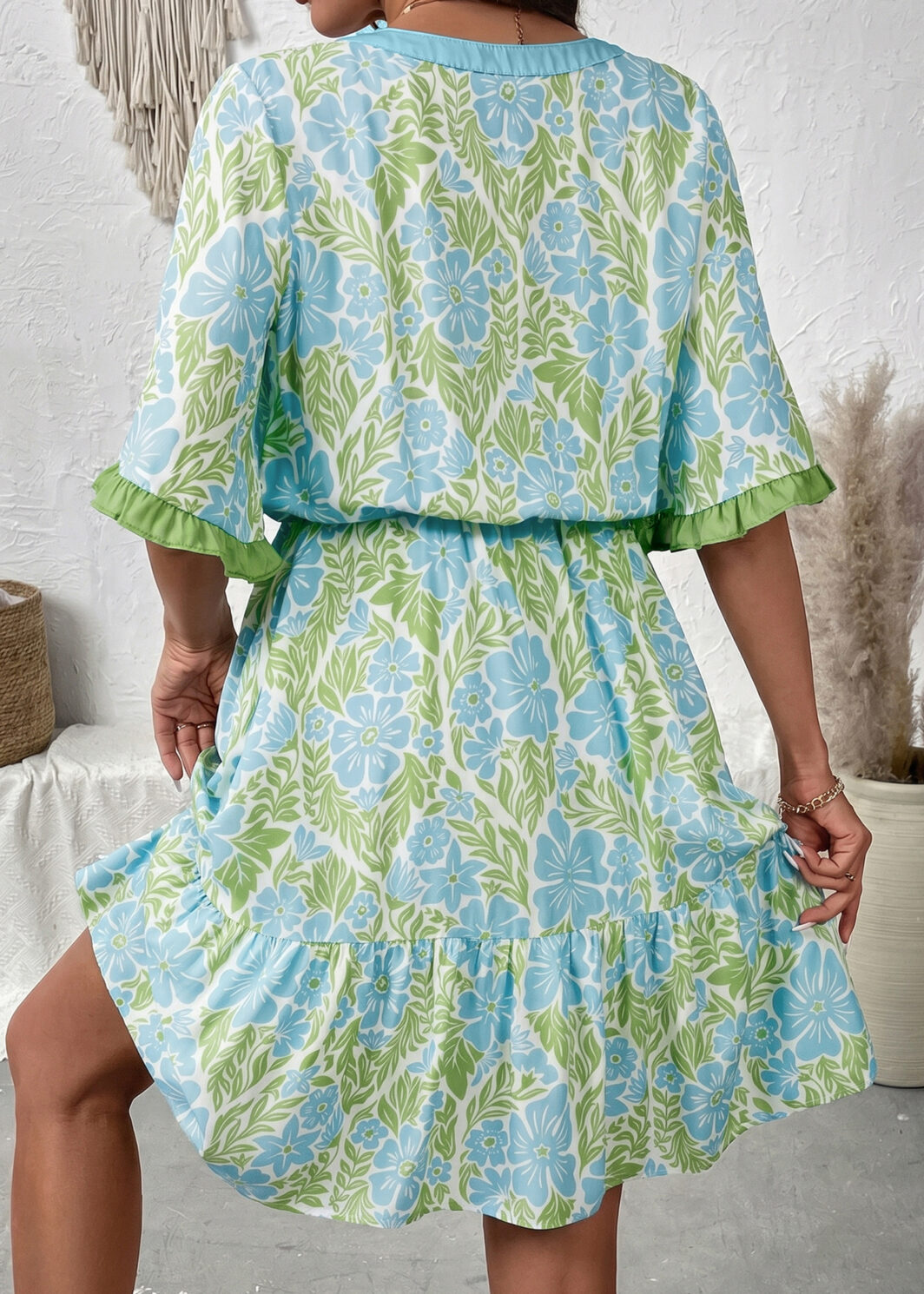 Sky Blue Floral Print High Waist Ruffle Short Sleeve Mini Dress