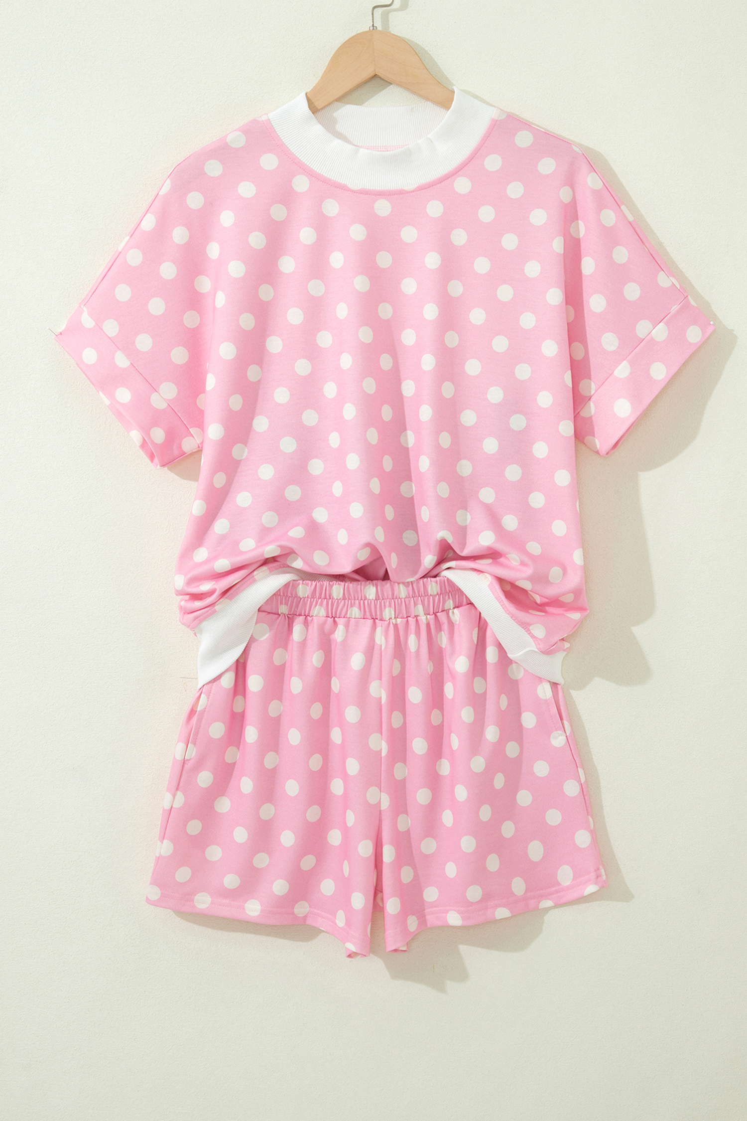 Yellow Polka Dot Print Color Block Trim Mock Neck Short Set