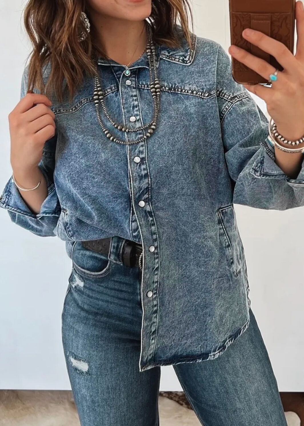 Dusk Blue Western Long Sleeve Shirt Collar Tunic Denim Jacket