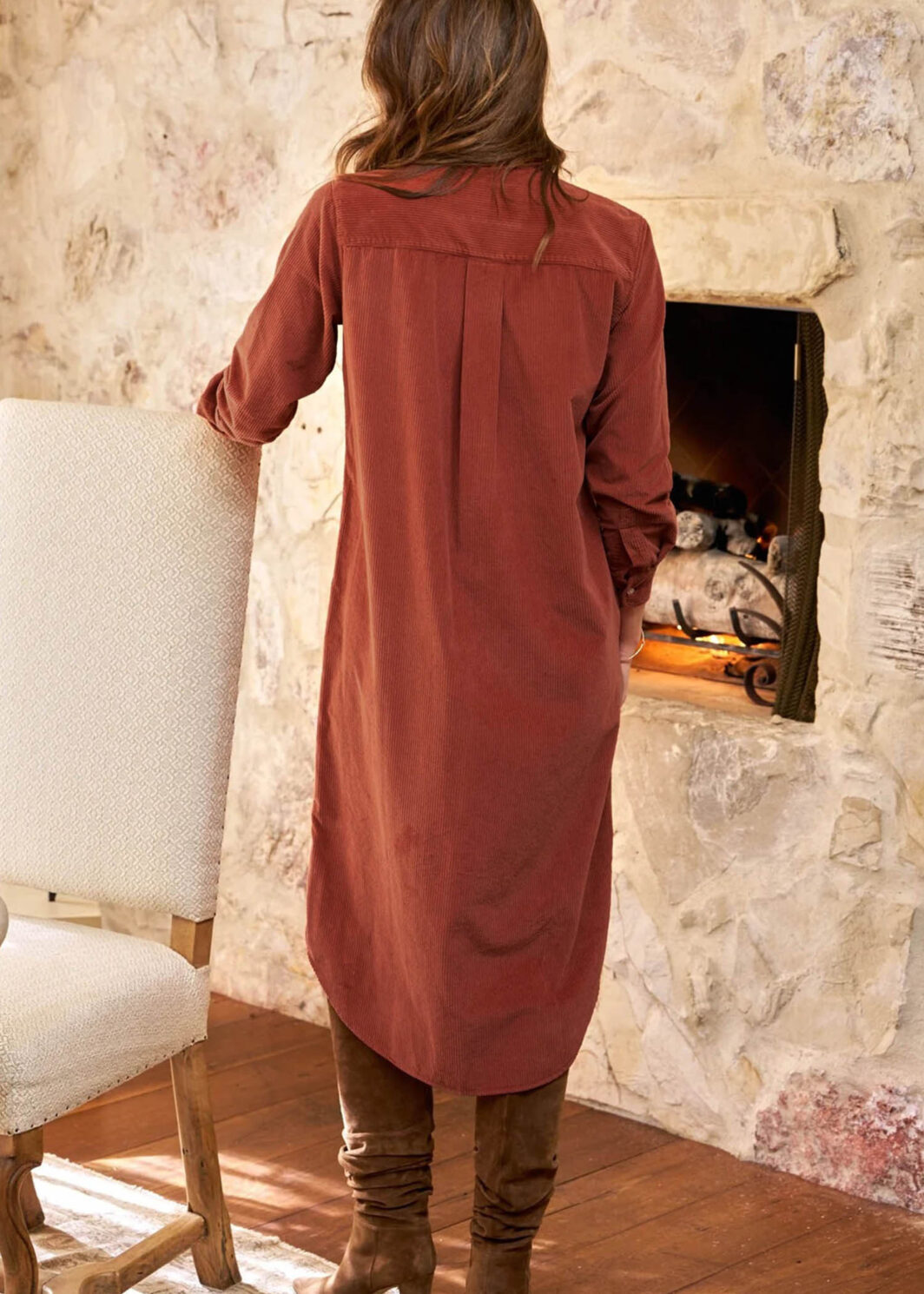 Clay Long Sleeve Button Down Corduroy Midi Length One Piece Dress