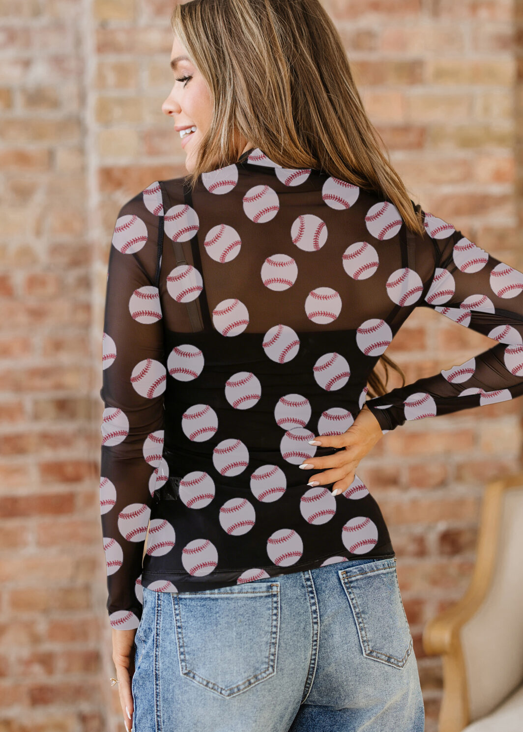 Black Baseball Game Day Sheer Mesh Long Sleeve Top