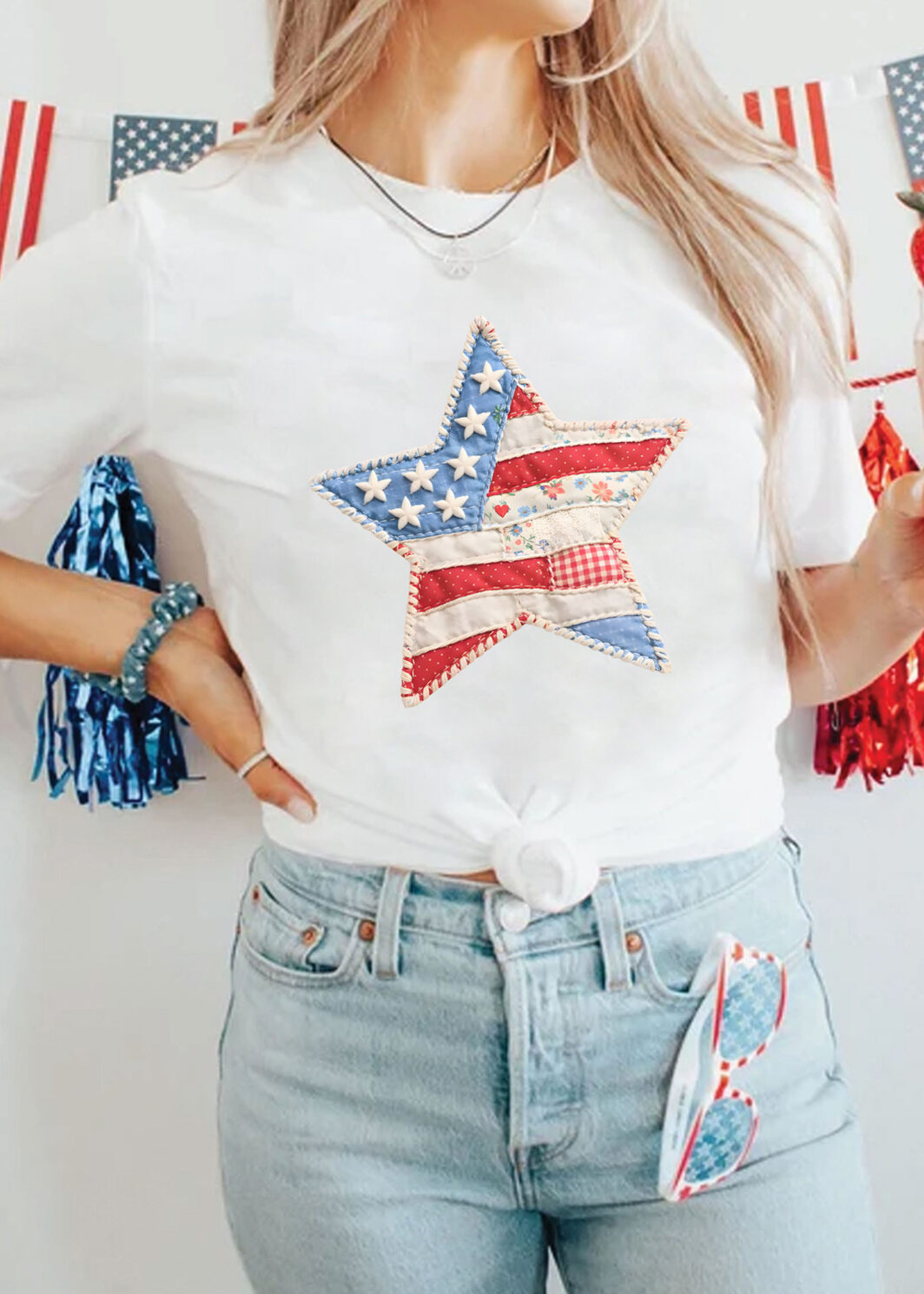 White Faux Patchwork Star Printed Patriotic Graphic Tee
