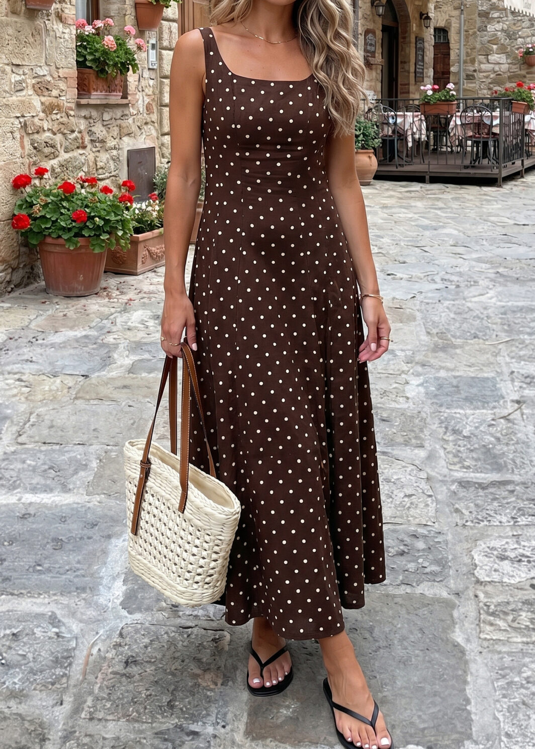 Brown Polka Dot Print Square Neck Sleeveless Vacation Long Dress