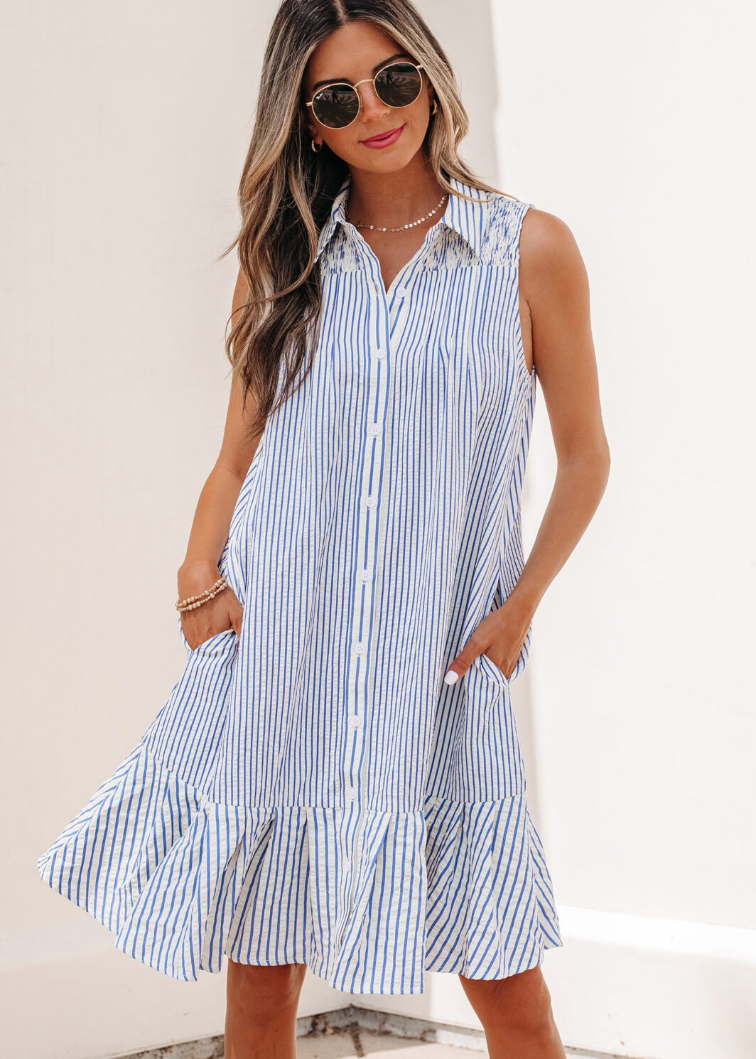 Sky Blue Stripe Shirt Collar Shirred Detail Ruffle Hem Sleeveless Dress
