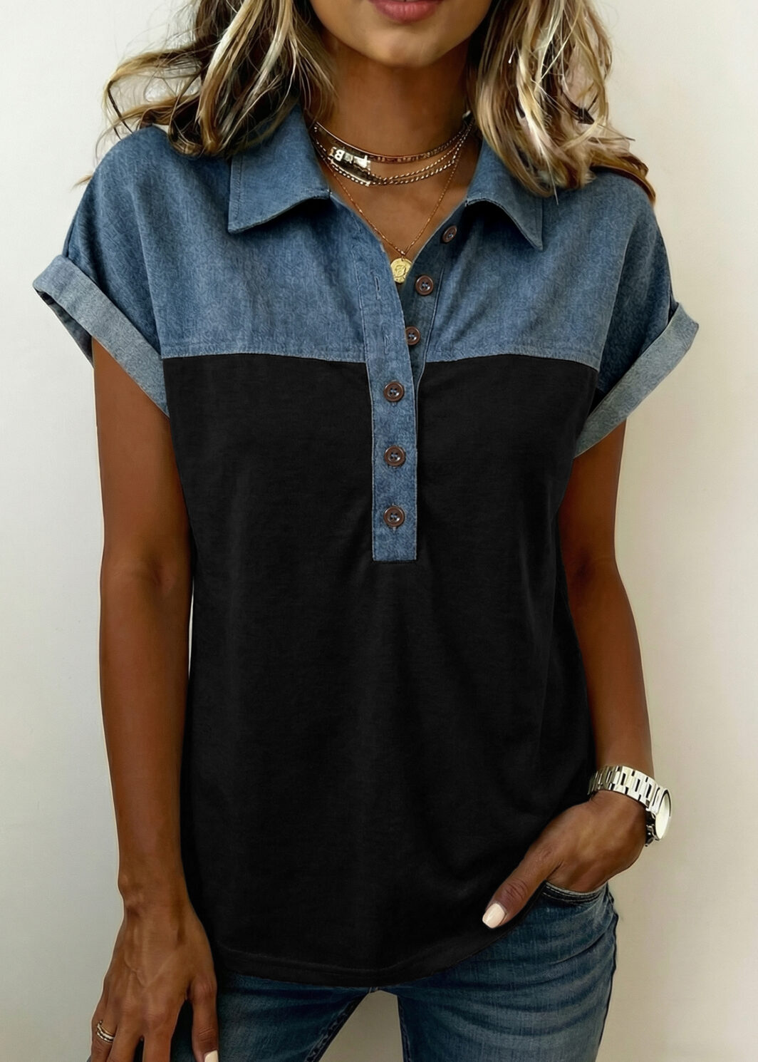 Black Color Block Denim Patchwork Button Polo Collar Short Sleeve Top
