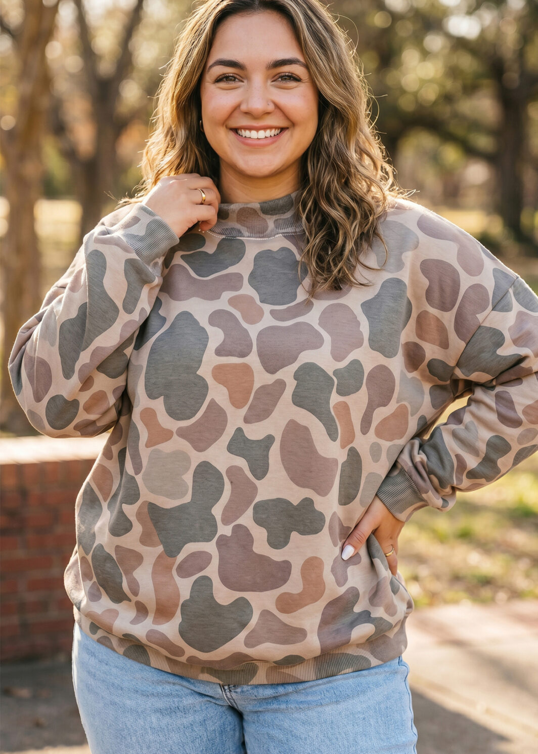 Multicolour Camo Print Ribbed Mock Neck Plus Size Sweatshirt