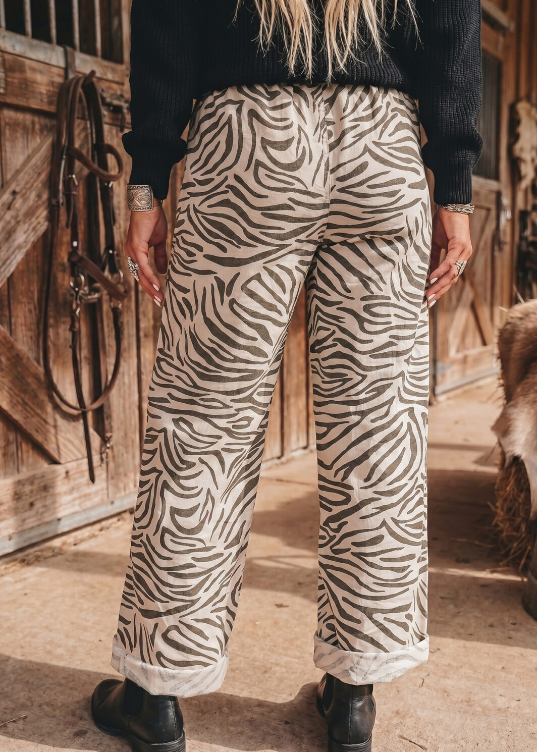 Multicolour Western Print Zebra Pattern Elastic Waist Pocket Full-Length Pants