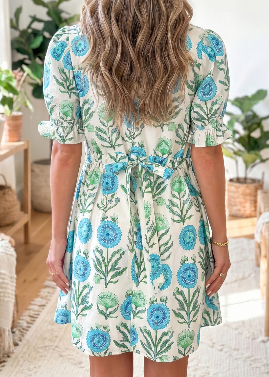 Sky Blue Floral Print Half Button Frilly Short Sleeve Dress