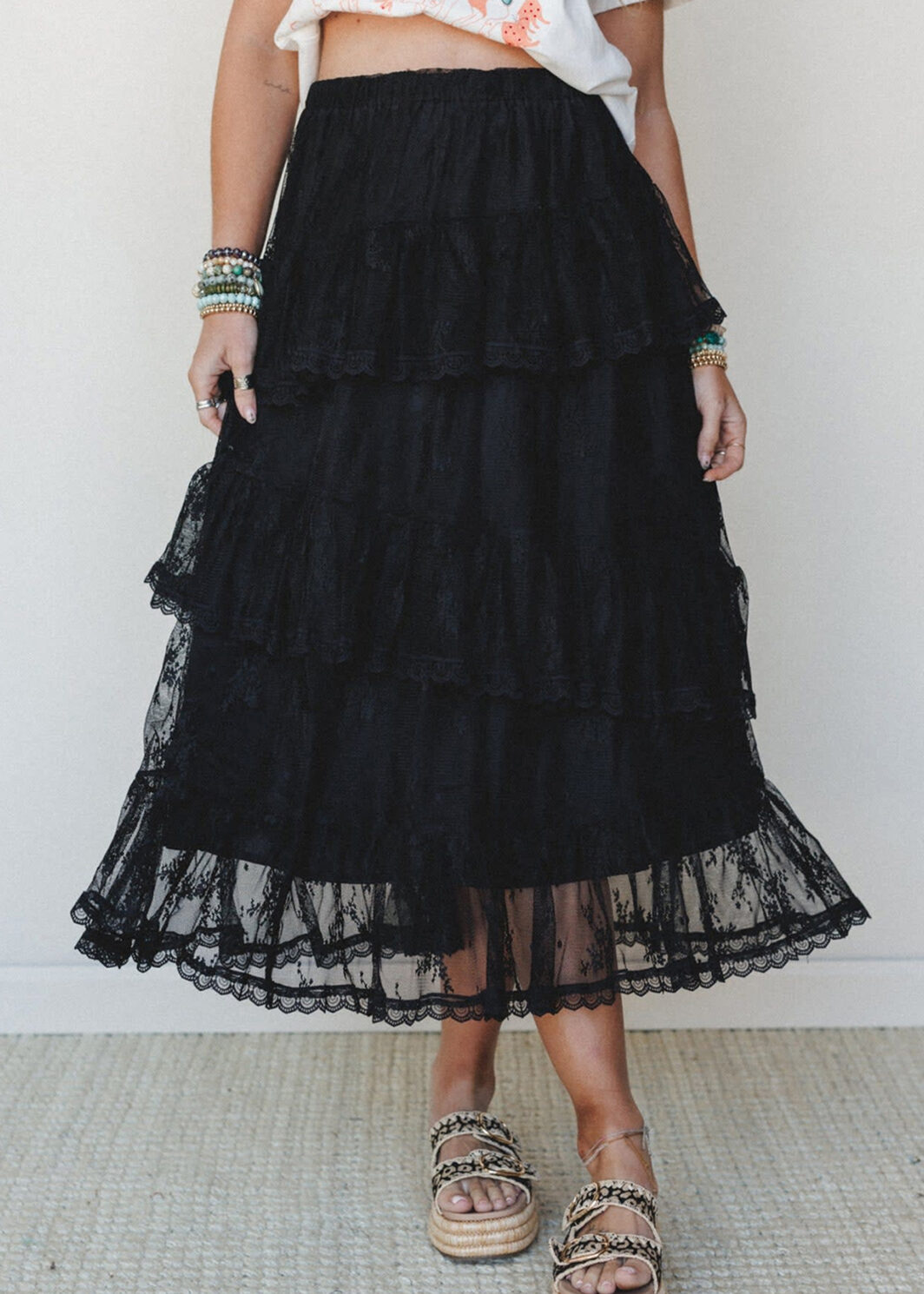 Black Elegant Ruffle Lace Tiered Skirt