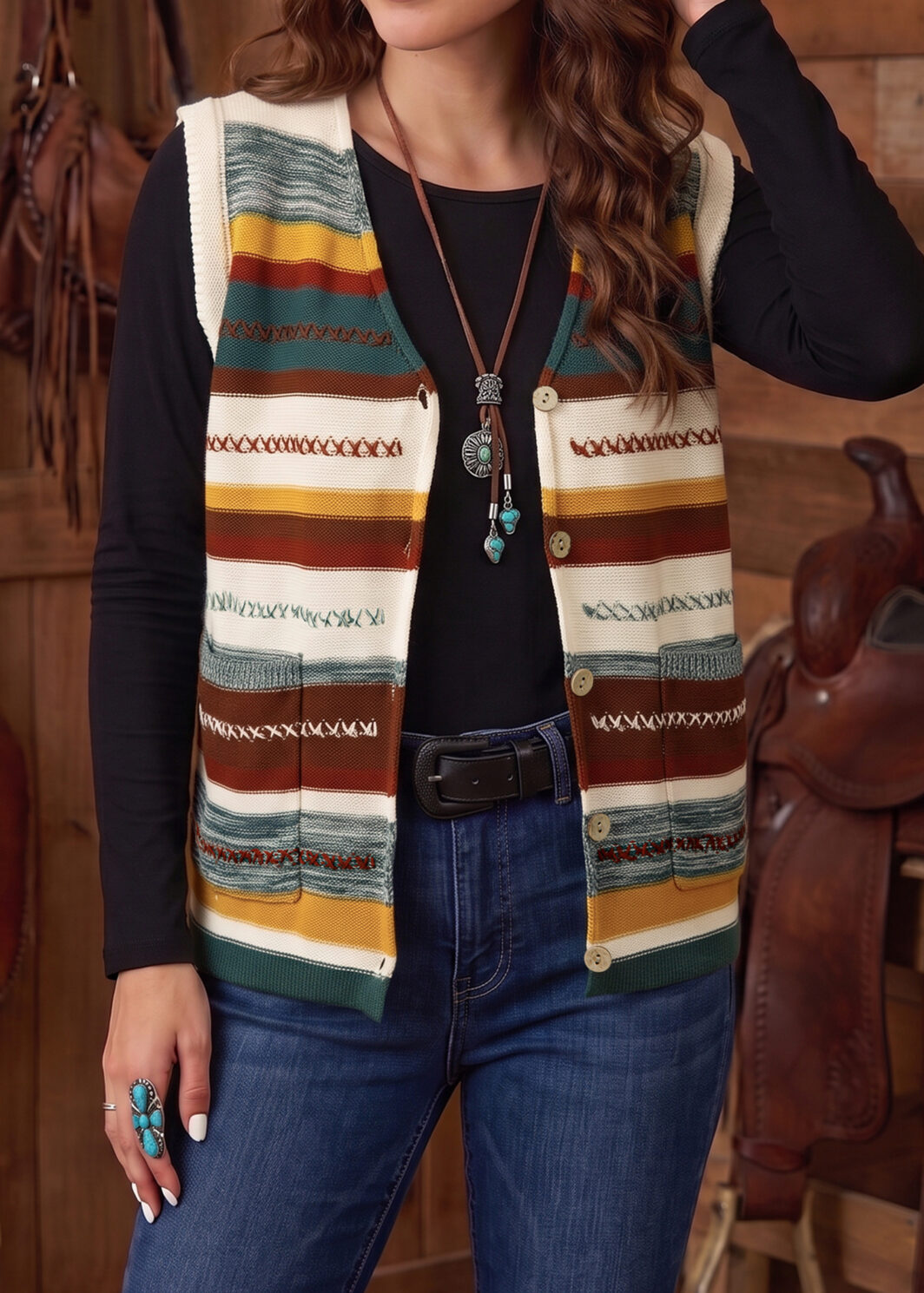 Multicolour Striped Button Front Sleeveless Knit Regular Fit Sweater Vest