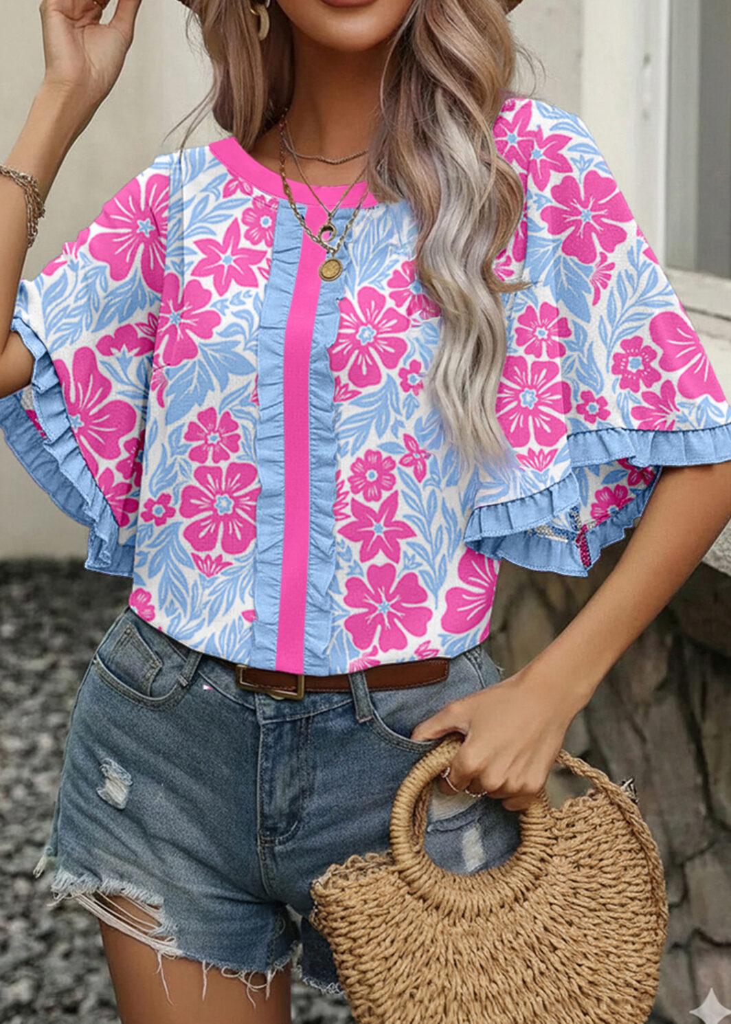 Rose Floral Print Ruffled Color Block Trim Half Sleeve Blouse