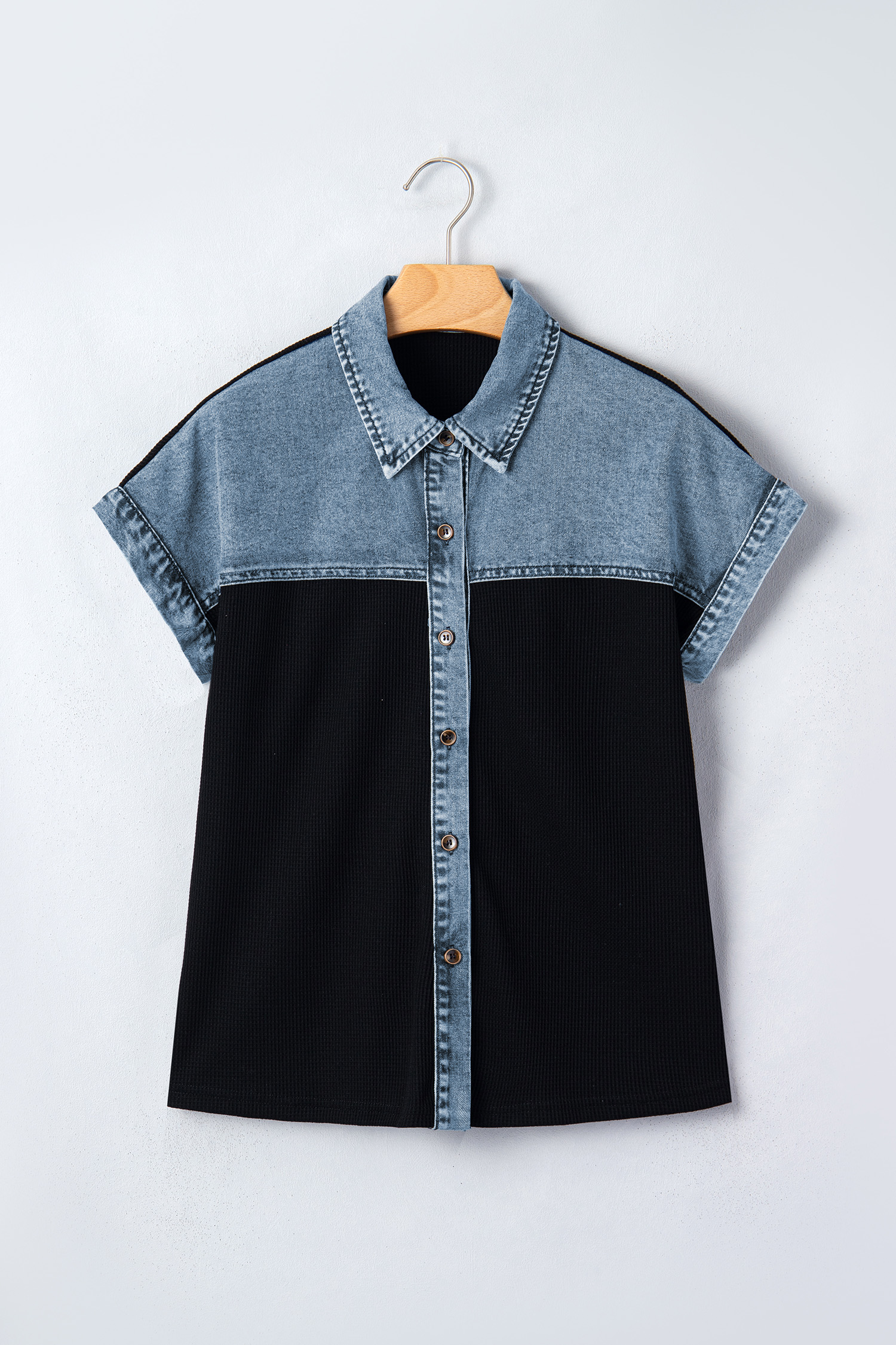 Black Textured Knit Denim Color Block Patchwork Collar Button Down Shirt