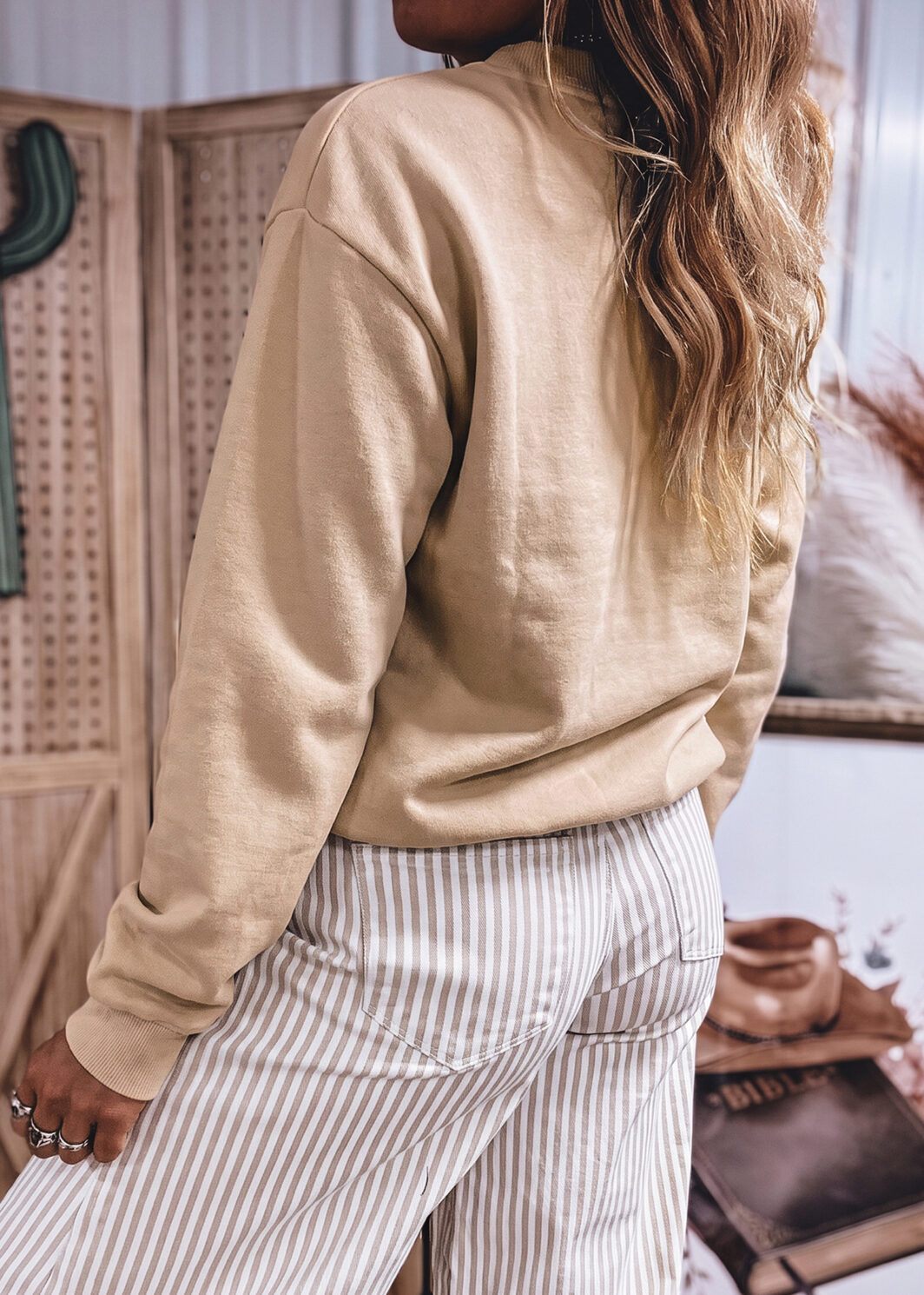 Light French Beige Western Embroidery Round Neck Pullover Long Sleeve Sweatshirt