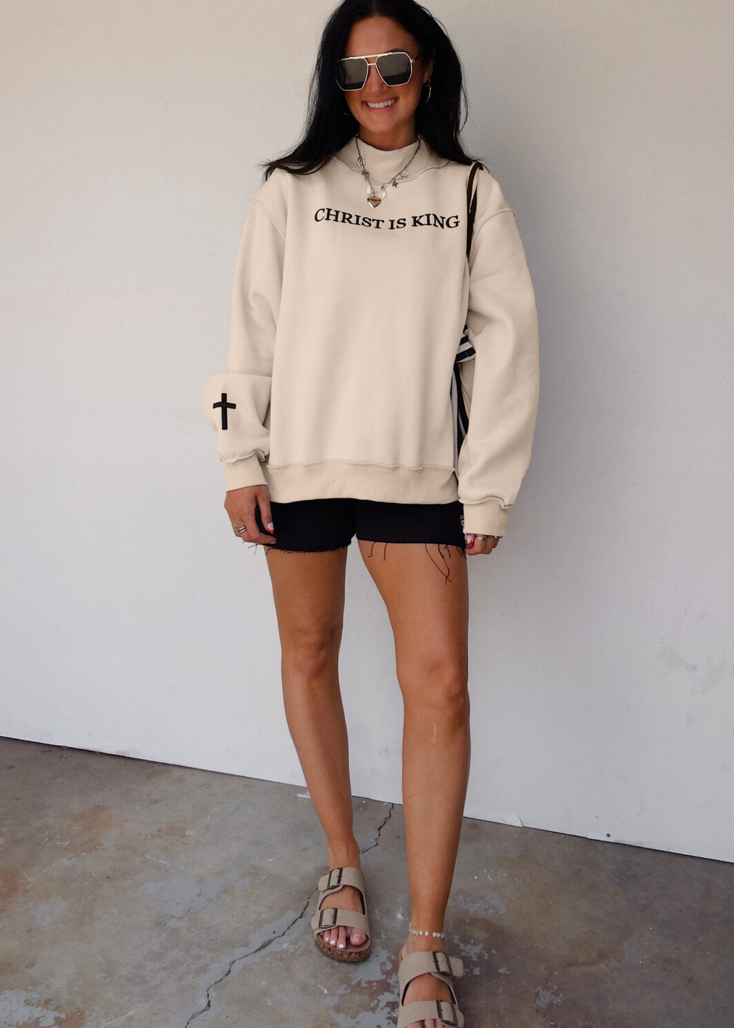 Beige CHRIST IS KING Embroidery High Neck Baggy Sweatshirt