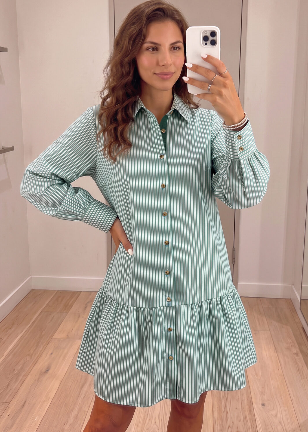 Green Stripe Striped Shift Long Sleeve Dress