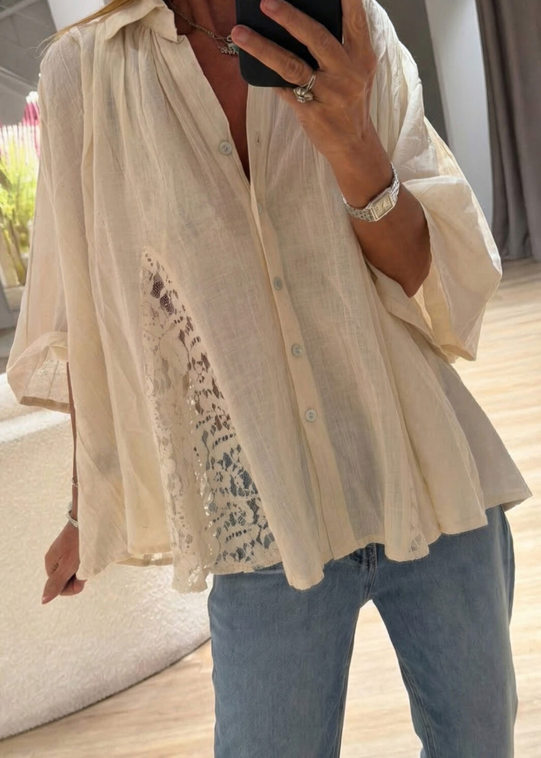 Oatmeal Sheer Lace Splicing Detail Bracelet Sleeve Loose Flowy Shirt
