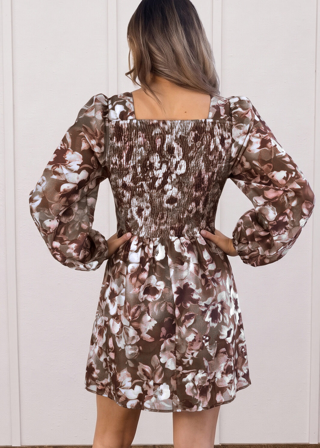 Brown Abstract Floral Print Square Neck Long Sleeve Mini Shift Dress