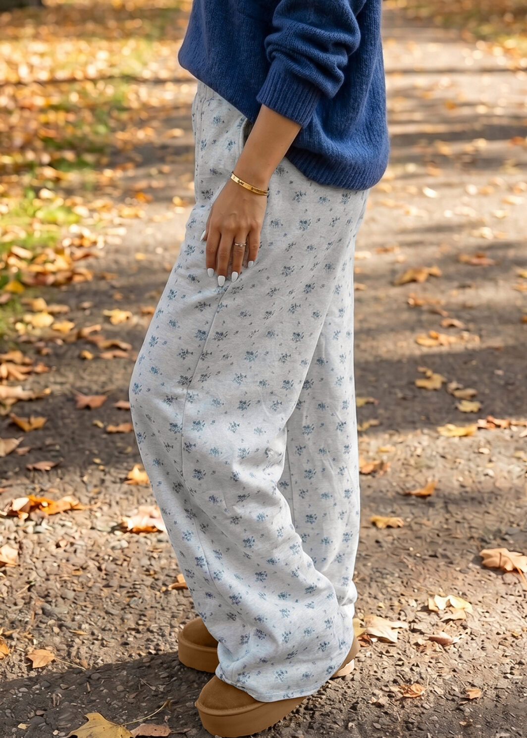 Gray Floral Print Elastic Waist Full Length Regular Pants
