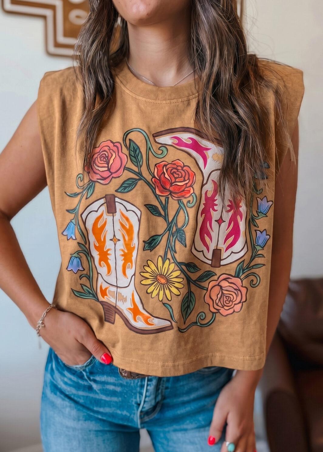 Camel Western Boots Flower Printed Sleeveless Loose Tank Top