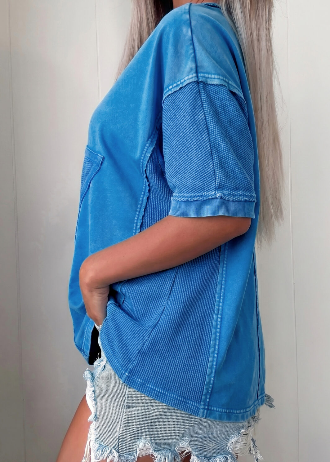Blue Mineral Wash Star Mesh Patchwork Oversize Tee
