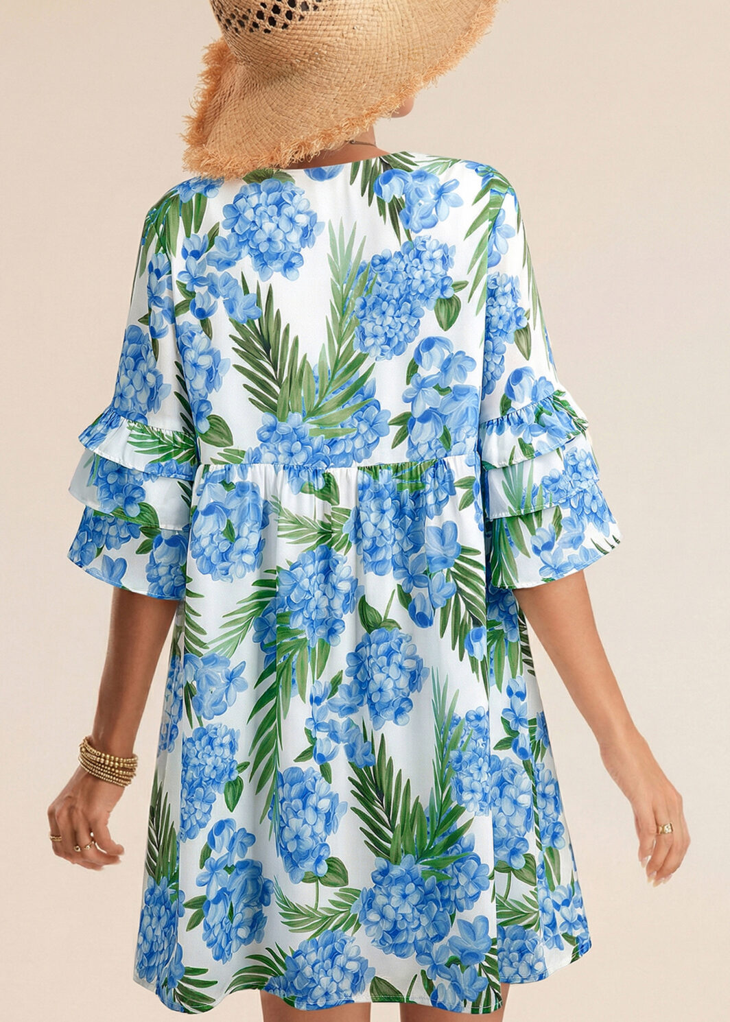 Sky Blue Palm Floral Print Contrast Ribbon Knot Ruffle Tiered Sleeve Mini Dress