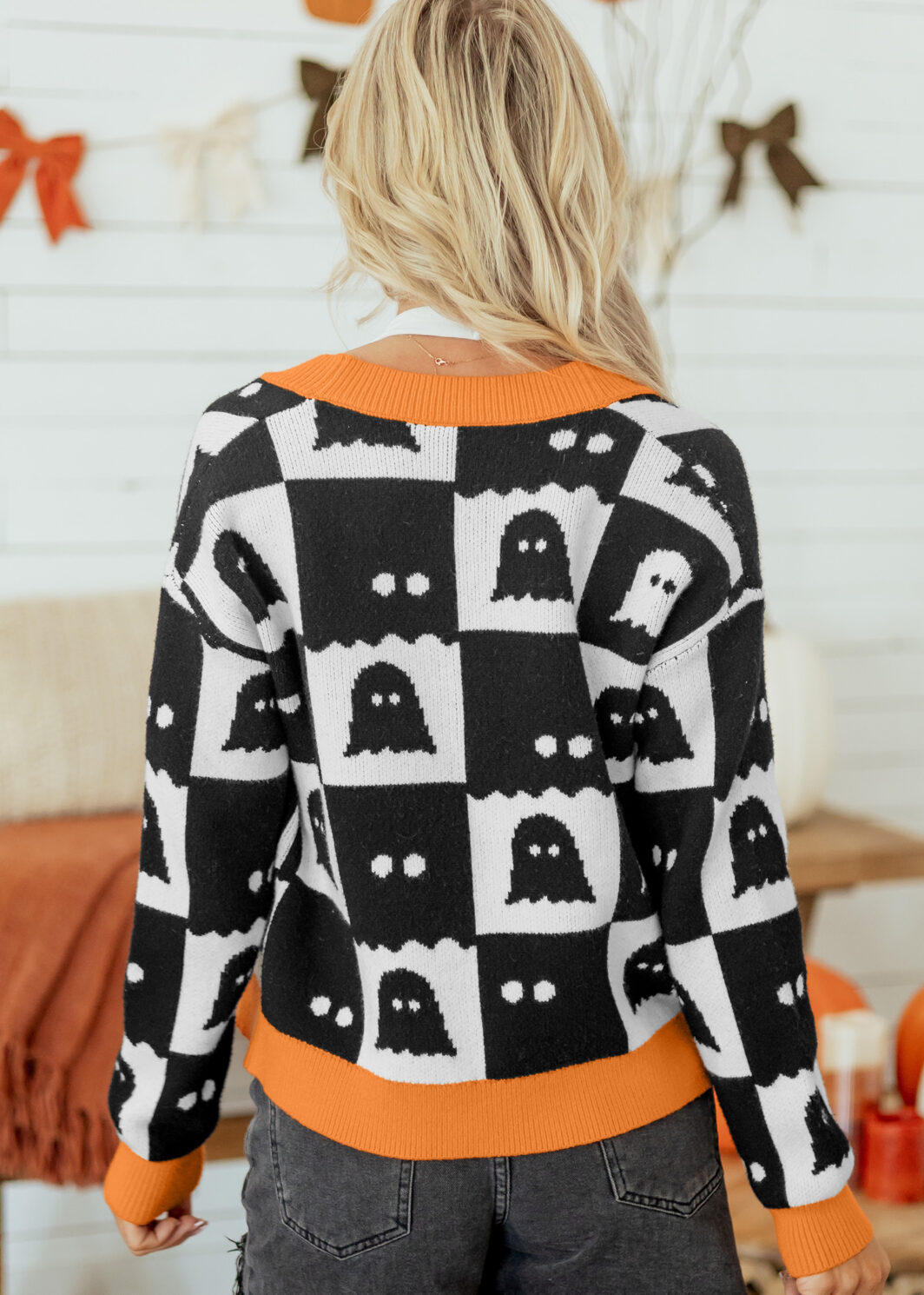 Black Geometric Ghost Print Drop Shoulder Knit Cardigan