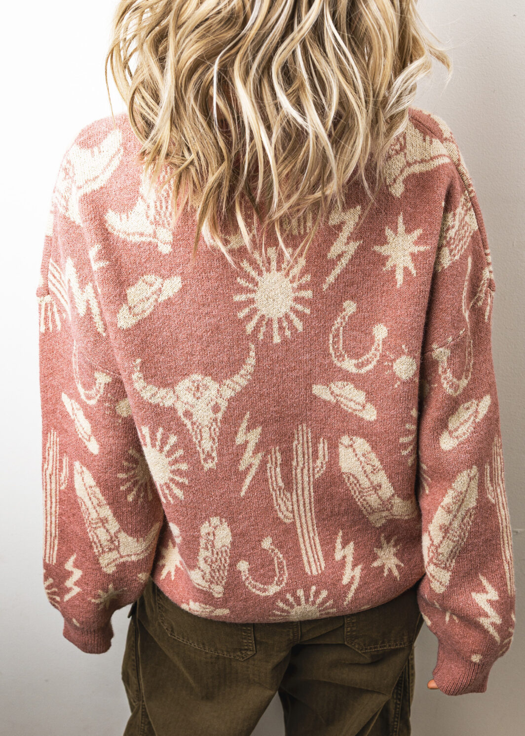 Peach Blossom Western Print Drop Shoulder Round Neck Long Sleeve Sweater