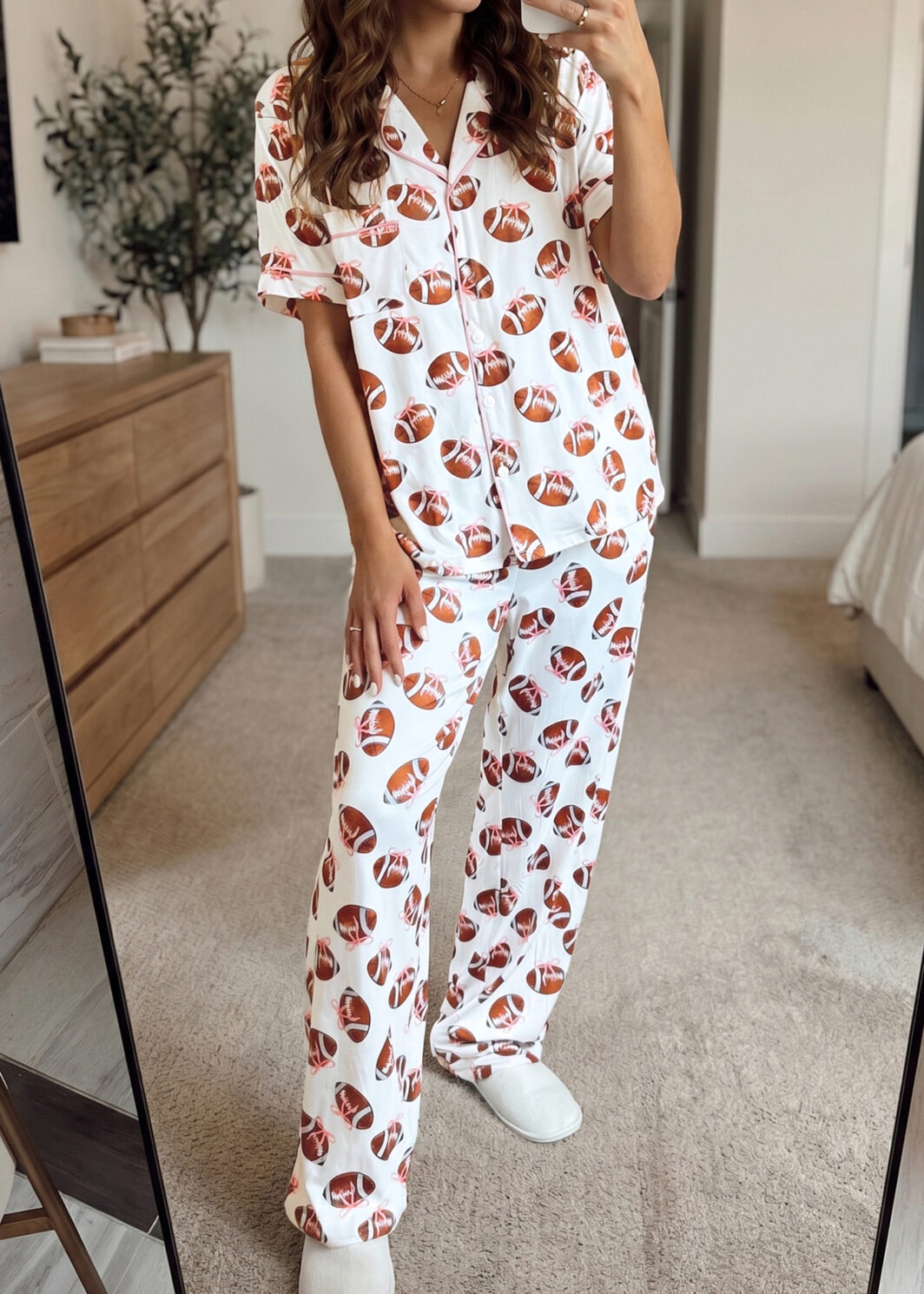 White Rugby Print Short Sleeve Button Down Top Loose Pants Game Day Pajama Set